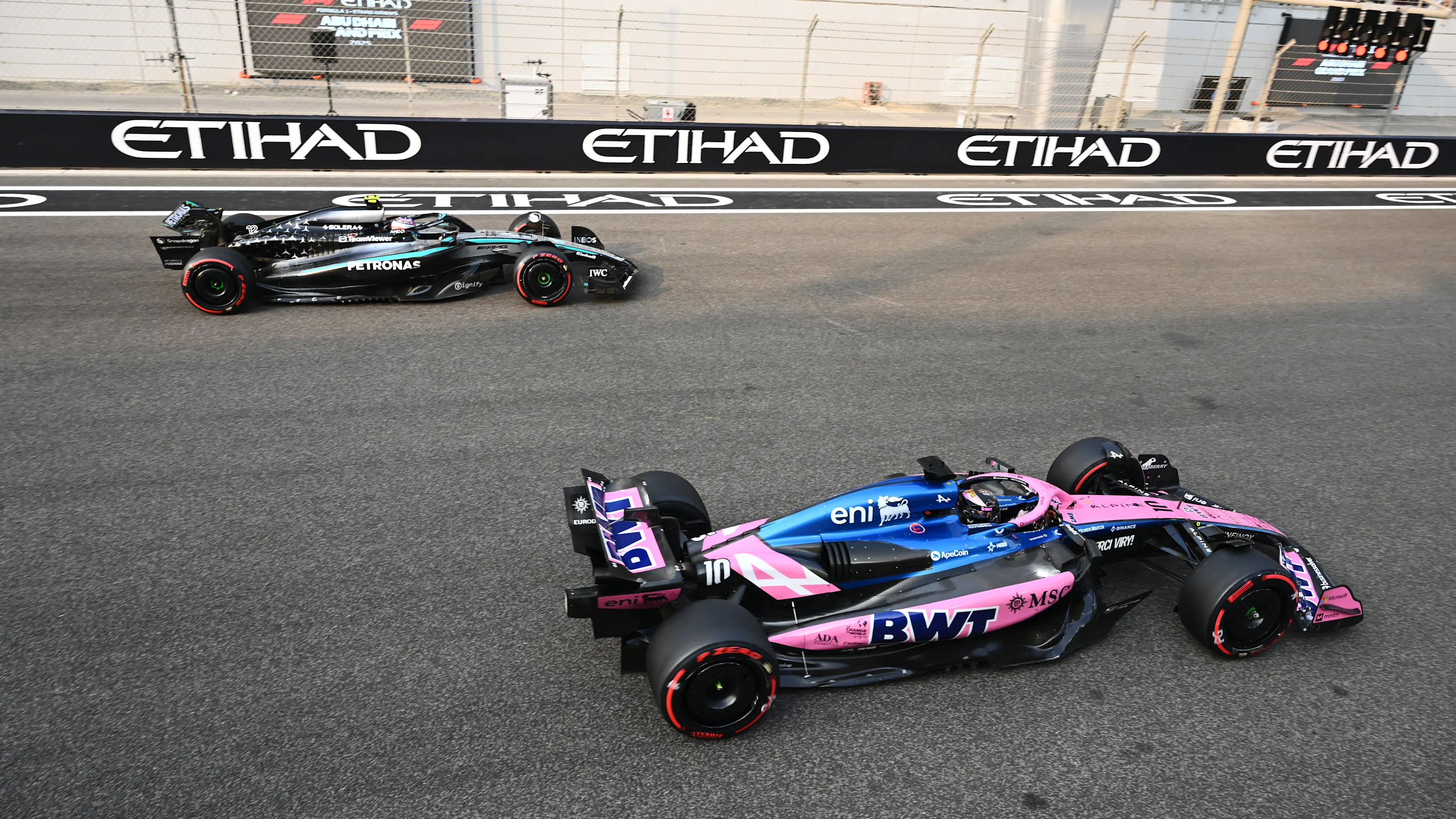 ABU DHABI, UNITED ARAB EMIRATES - DECEMBER 06: Pierre Gasly of France driving the (10) Alpine F1 A525 Renault leads Andrea Kimi Antonelli of Italy driving the (12) Mercedes AMG Petronas F1 Team W16 on track during final practice ahead of the F1 Grand Prix of Abu Dhabi at Yas Marina Circuit on December 06, 2025 in Abu Dhabi, United Arab Emirates. (Photo by Mark Sutton - Formula 1/Formula 1 via Getty Images)