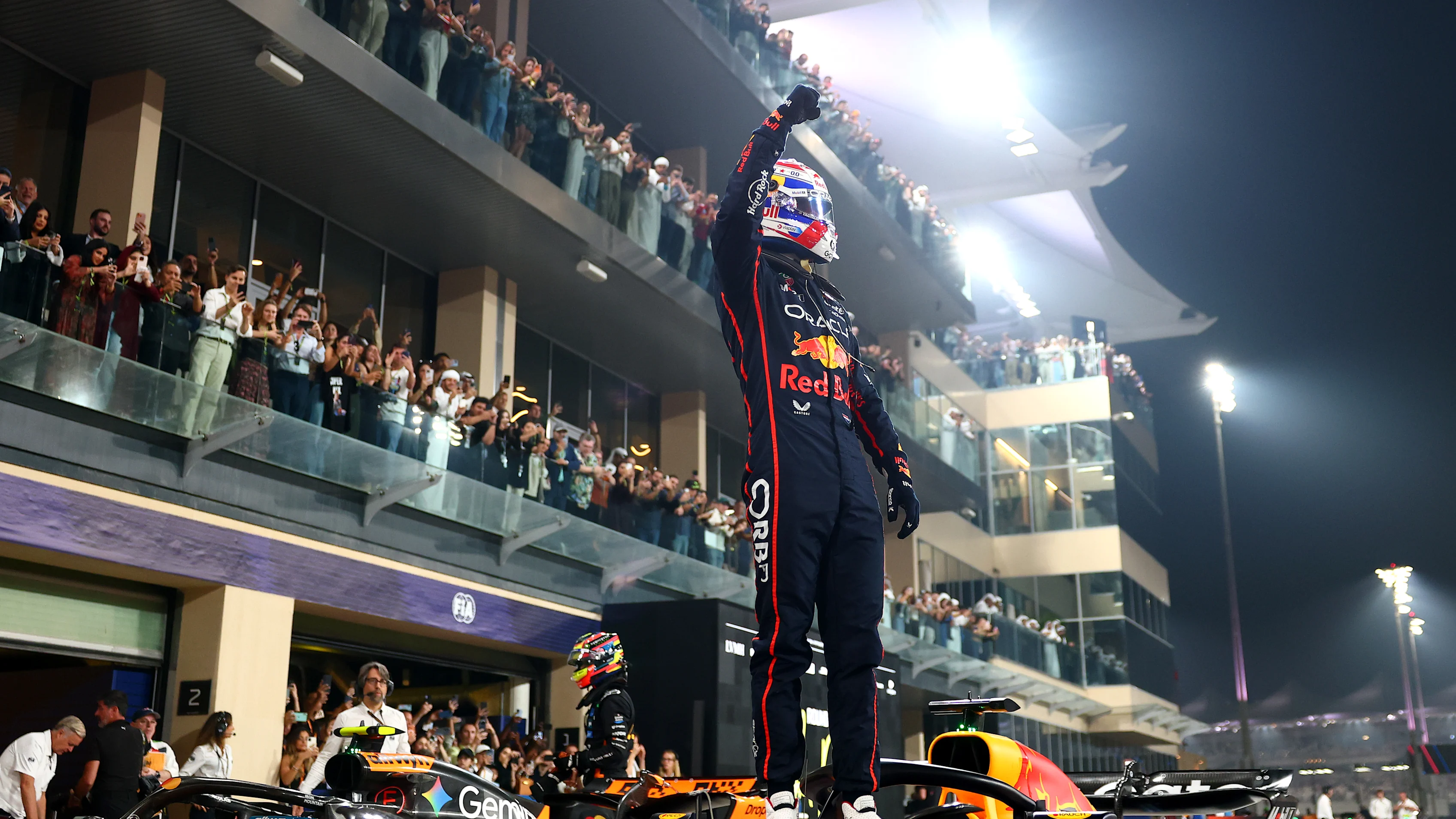 ABU DHABI, UNITED ARAB EMIRATES - DECEMBER 06: Pole position qualifier Max Verstappen of the Netherlands and Oracle Red Bull Racing celebrates in parc ferme during qualifying ahead of the F1 Grand Prix of Abu Dhabi at Yas Marina Circuit on December 06, 2025 in Abu Dhabi, United Arab Emirates. (Photo by Bryn Lennon - Formula 1/Formula 1 via Getty Images)