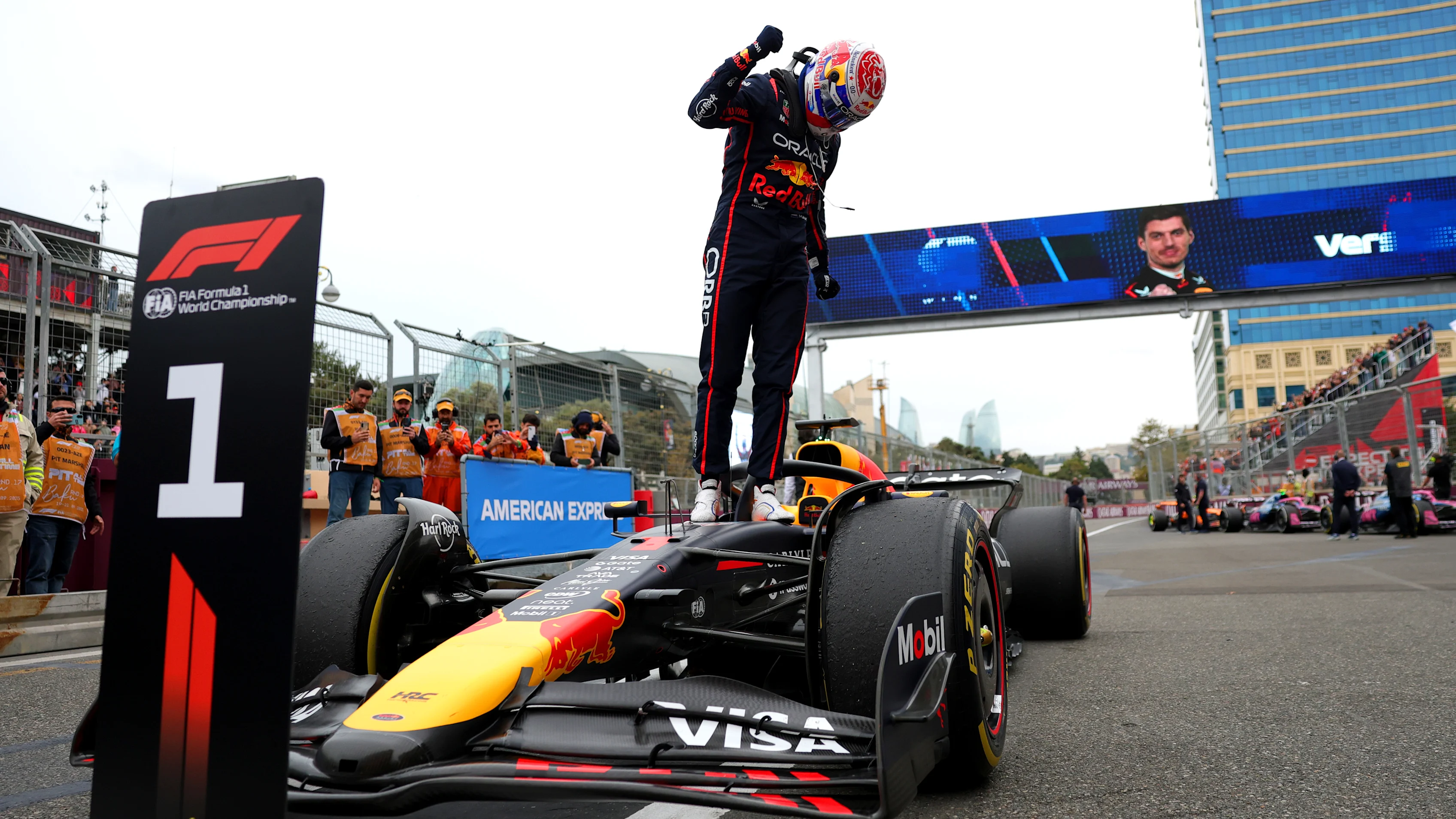 BAKU, AZERBAIJAN - SEPTEMBER 21: Race winner Max Verstappen of the Netherlands and Oracle Red Bull