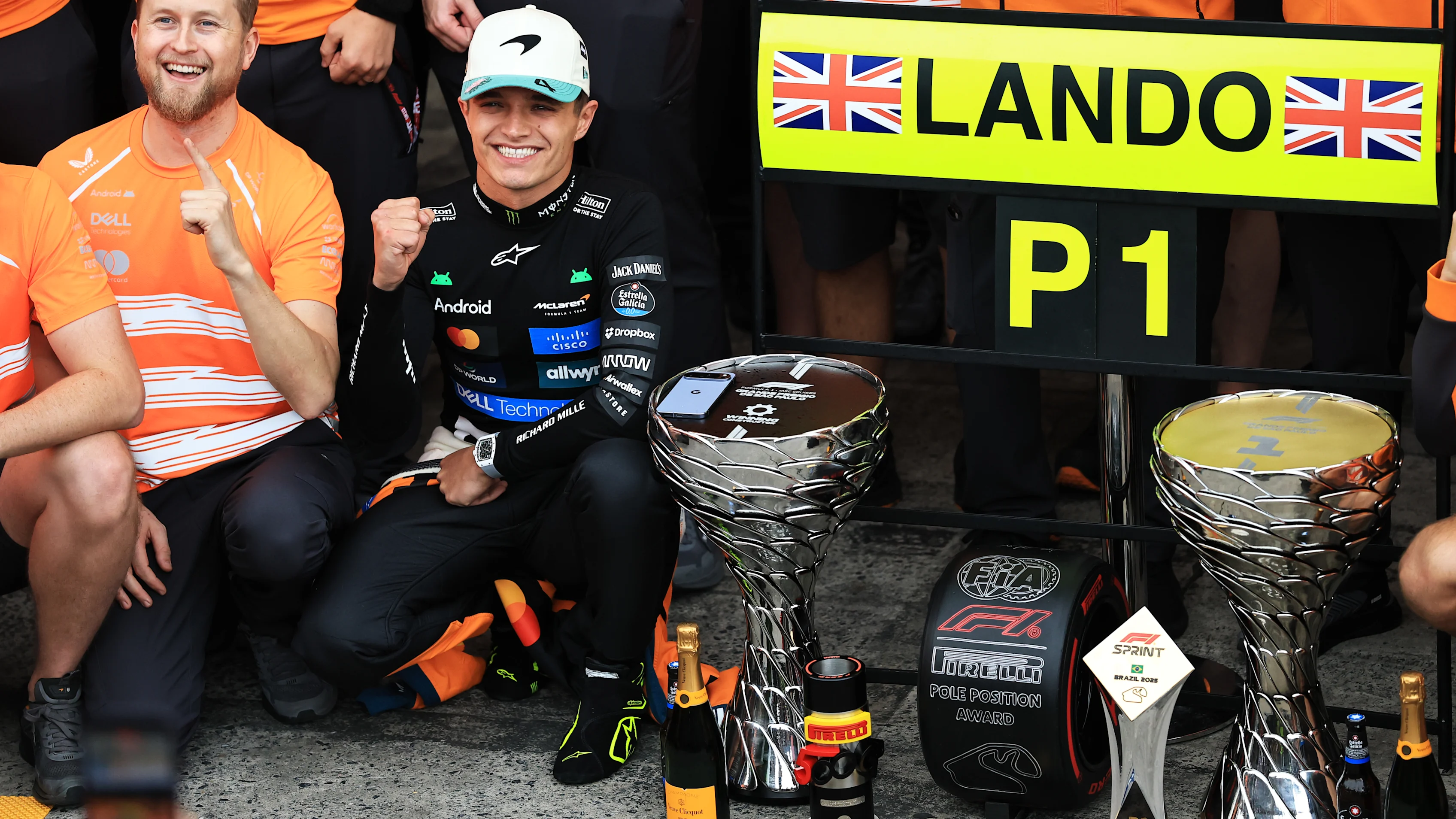 SAO PAULO, BRAZIL - NOVEMBER 09: Race winner Lando Norris of Great Britain and McLaren celebrates