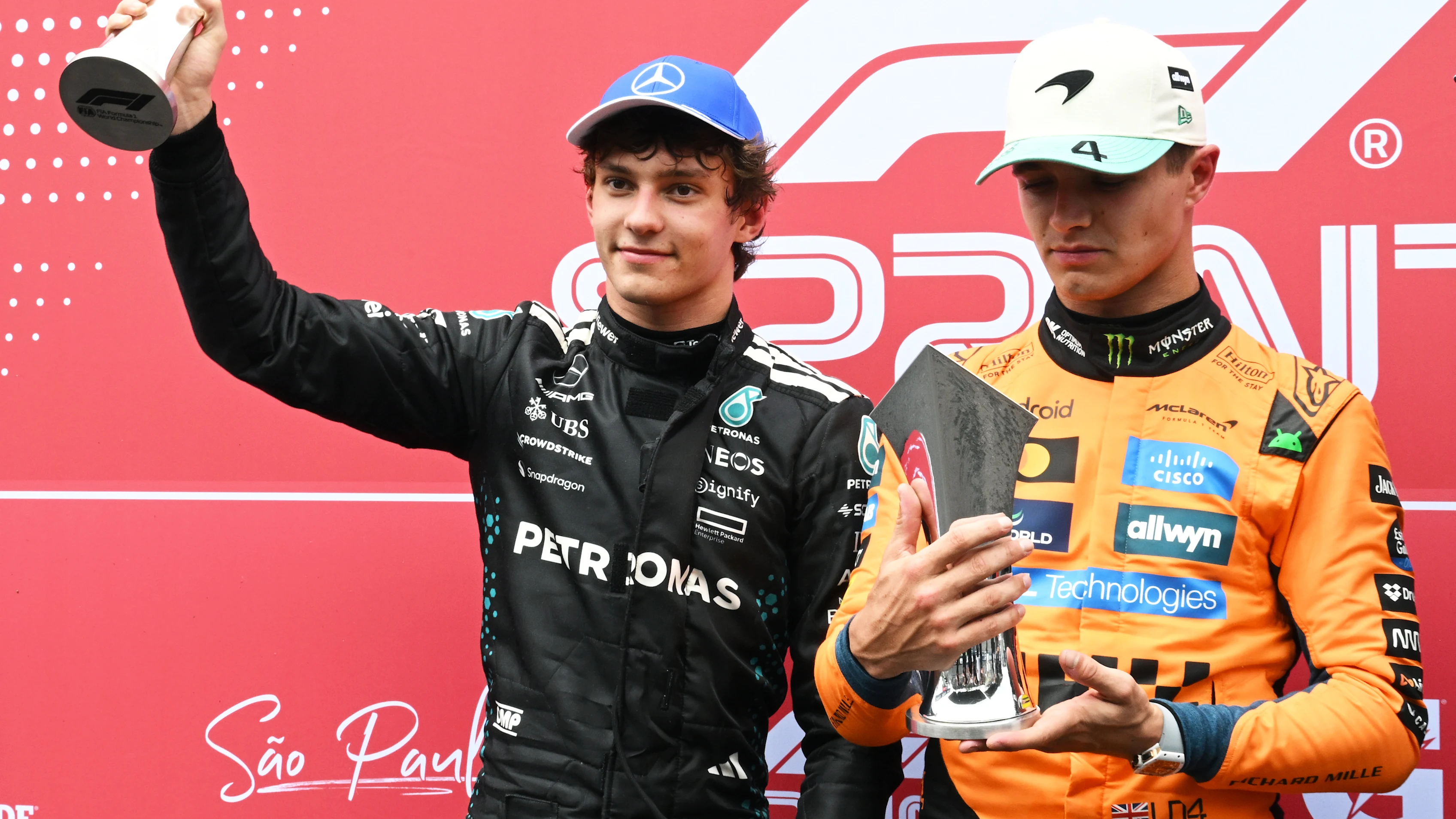 SAO PAULO, BRAZIL - NOVEMBER 08: Sprint winner Lando Norris of Great Britain and McLaren and Second