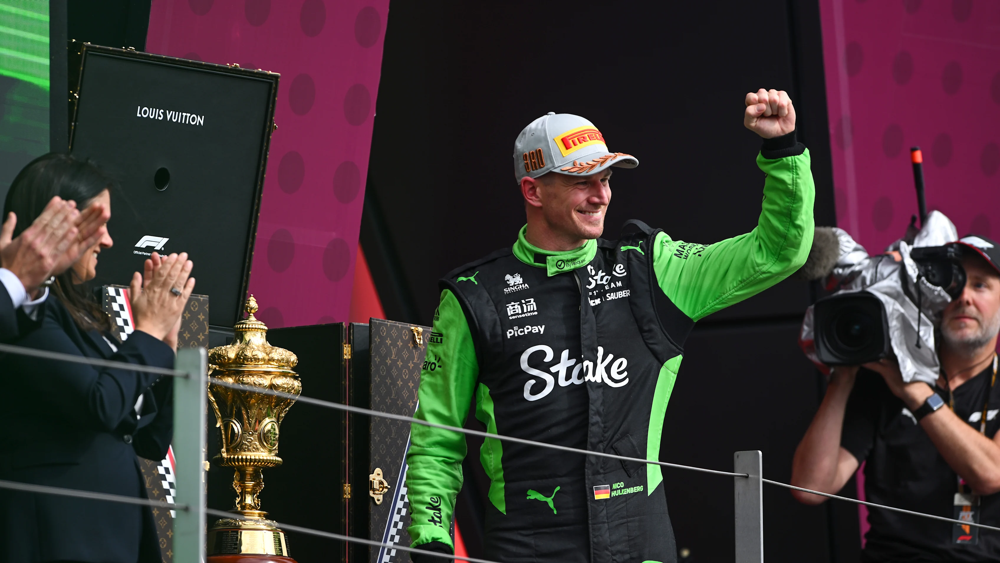 NORTHAMPTON, ENGLAND - JULY 06: Third placed Nico Hulkenberg of Germany and Stake F1 Team Kick