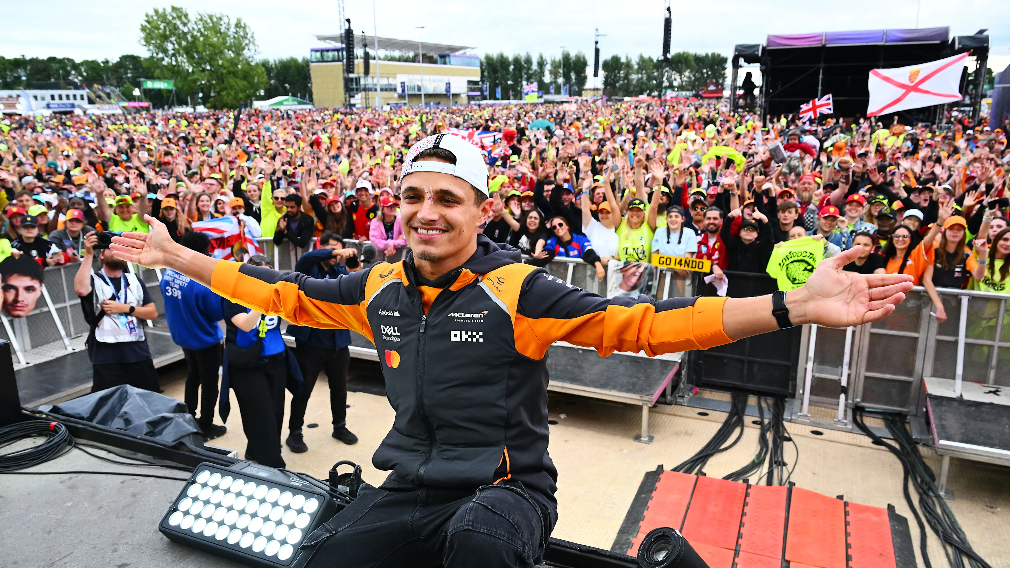 NORTHAMPTON, ENGLAND - JULY 06: Race winner Lando Norris of Great Britain and McLaren on the fan
