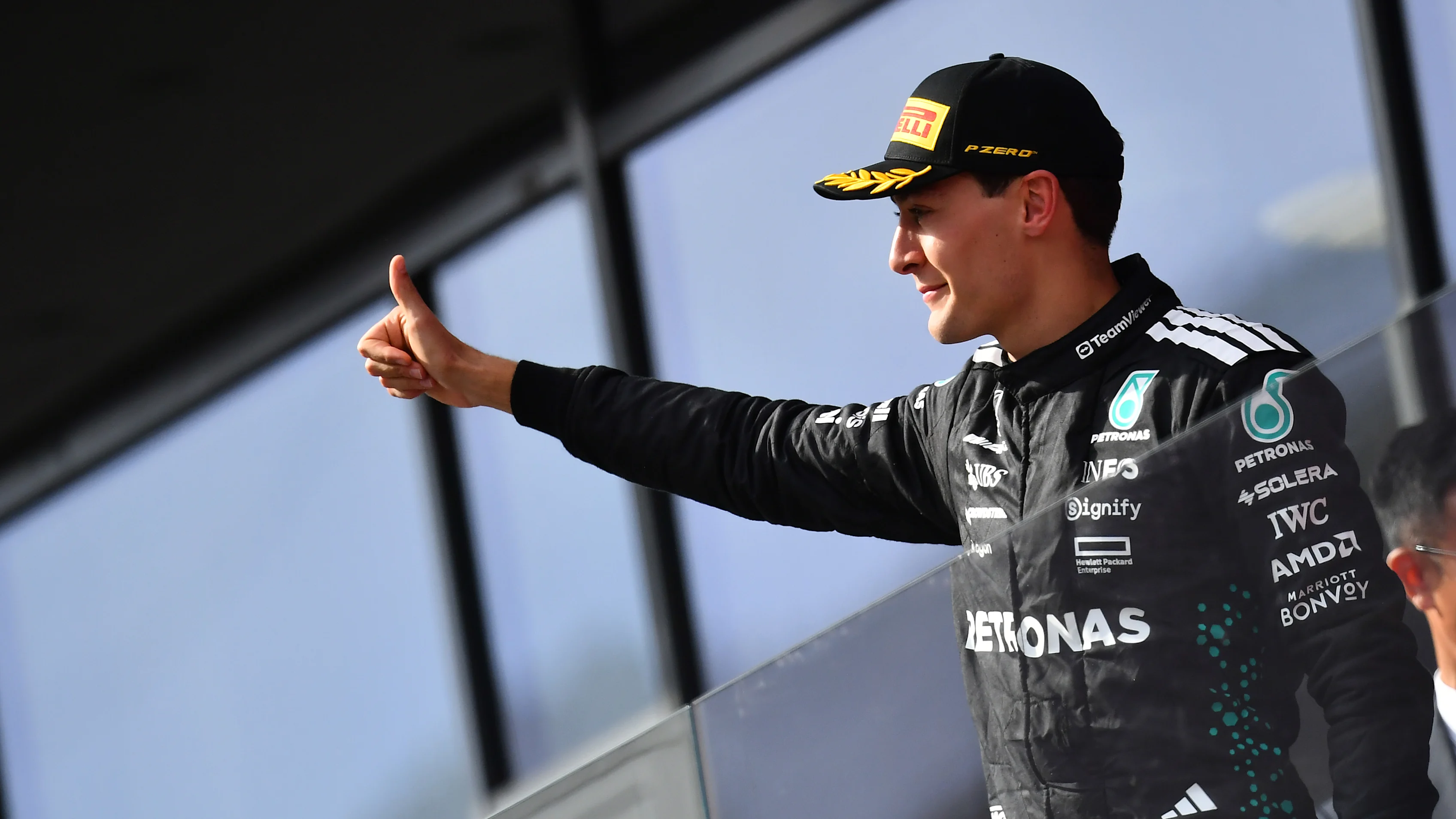BUDAPEST, HUNGARY - AUGUST 03: Third placed George Russell of Great Britain and Mercedes AMG
