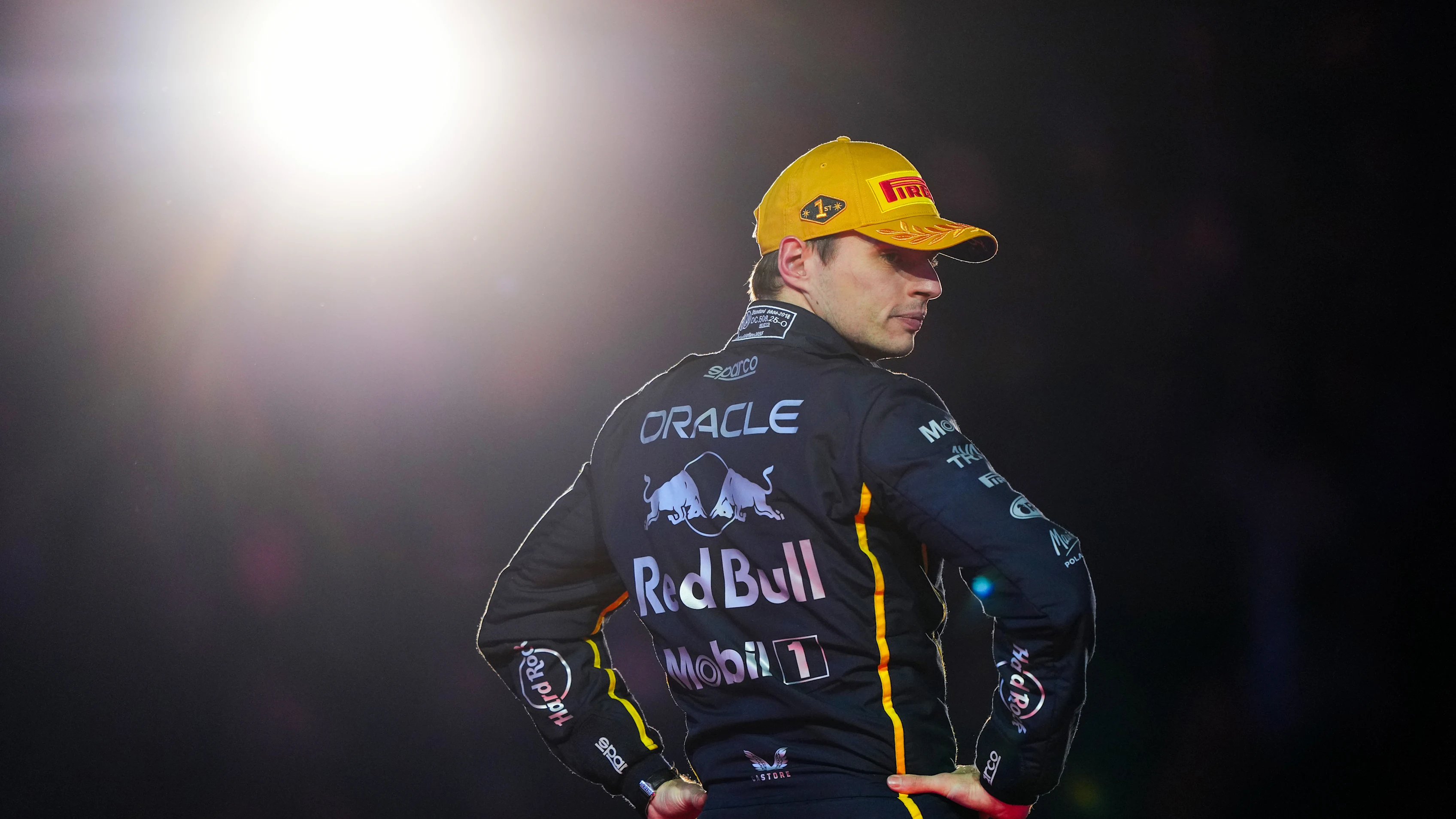 LAS VEGAS, NEVADA - NOVEMBER 22: Race winner Max Verstappen of the Netherlands and Oracle Red Bull Racing on the podium during the F1 Grand Prix of Las Vegas at Las Vegas Strip Circuit on November 22, 2025 in Las Vegas, Nevada. (Photo by Alex Bierens de Haan/Getty Images)