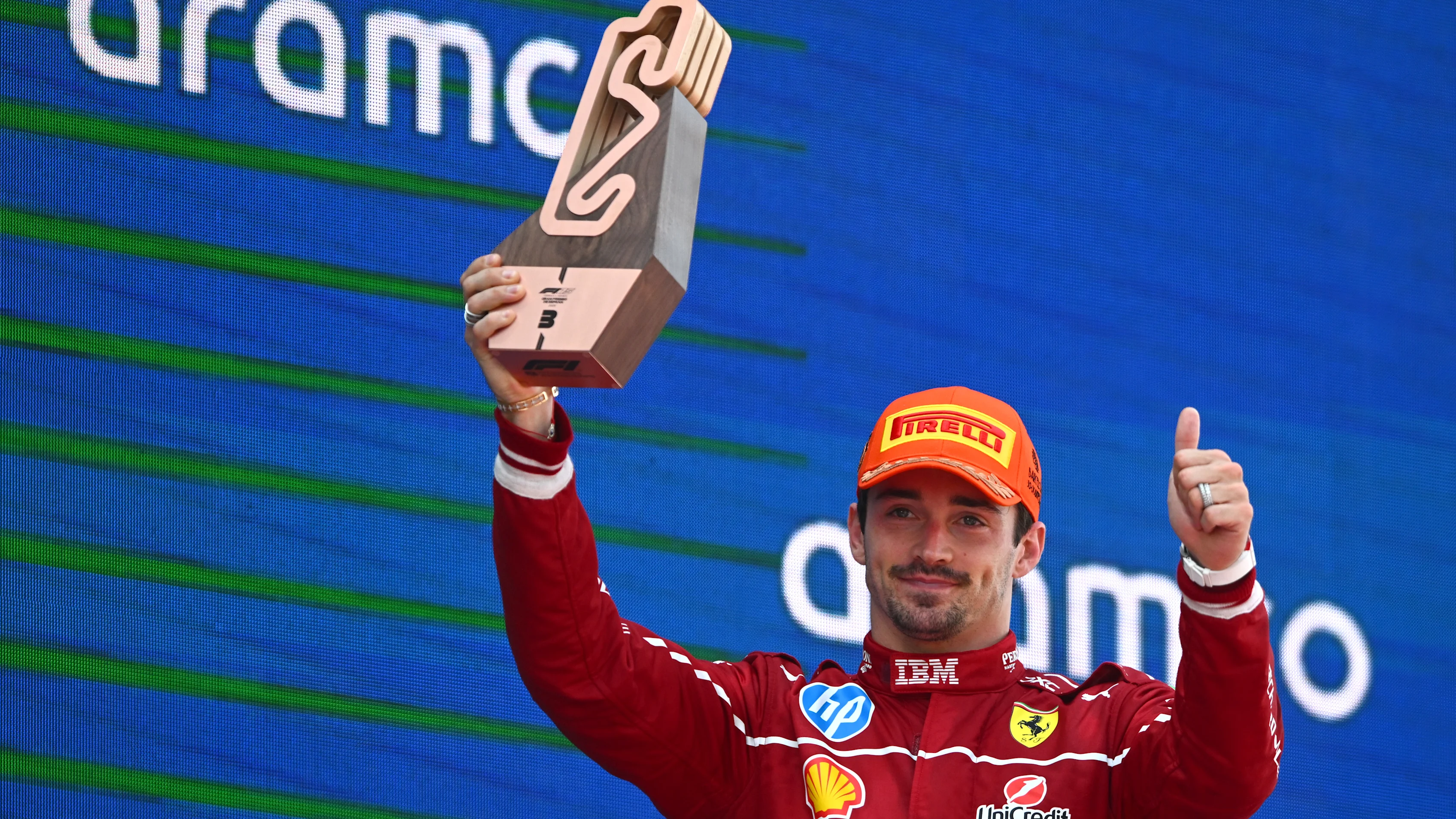 BARCELONA, SPAIN - JUNE 01: Third placed Charles Leclerc of Monaco and Scuderia Ferrari lifts his