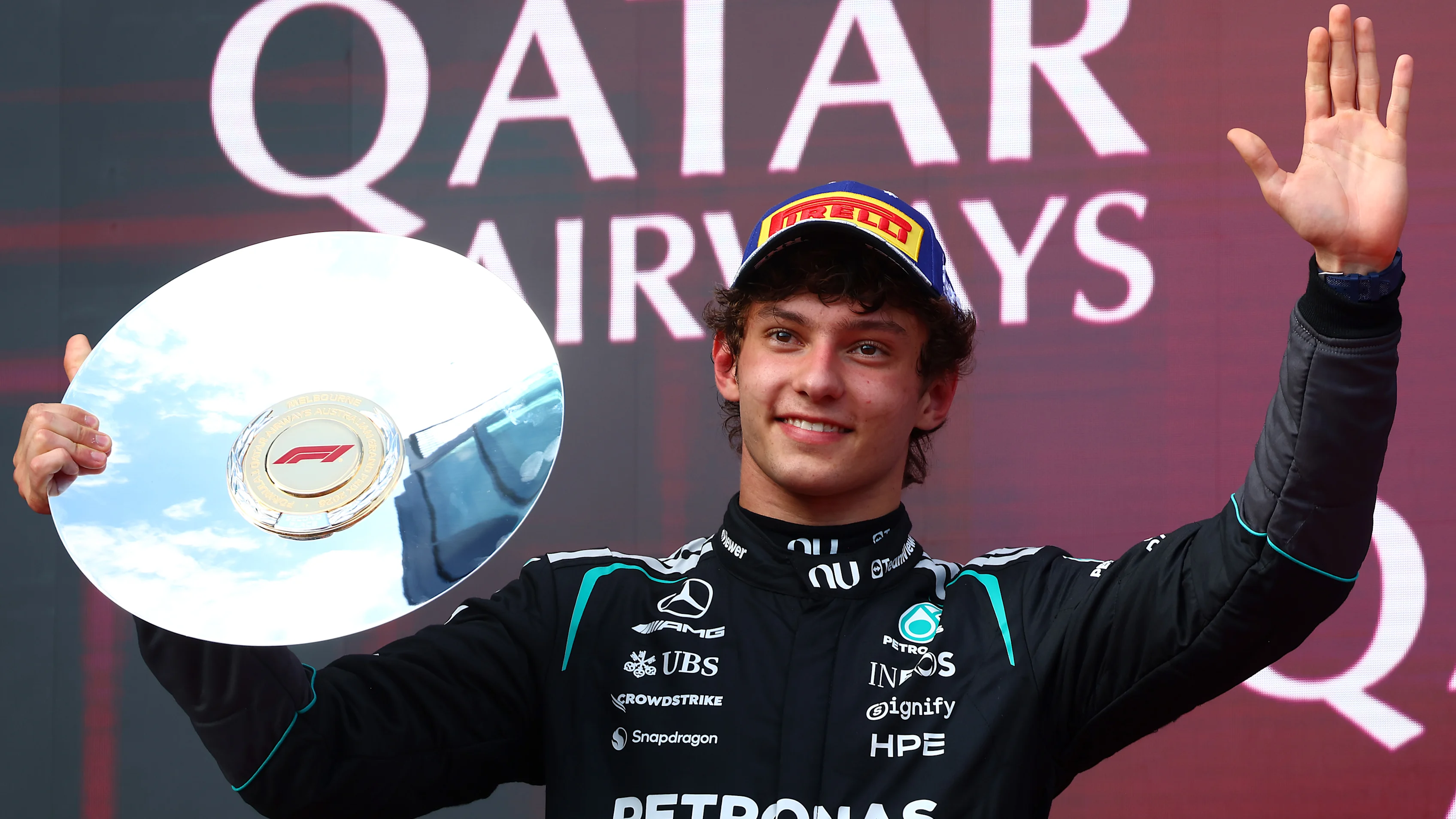 MELBOURNE, AUSTRALIA - MARCH 08: Second placed Andrea Kimi Antonelli of Italy and Mercedes AMG