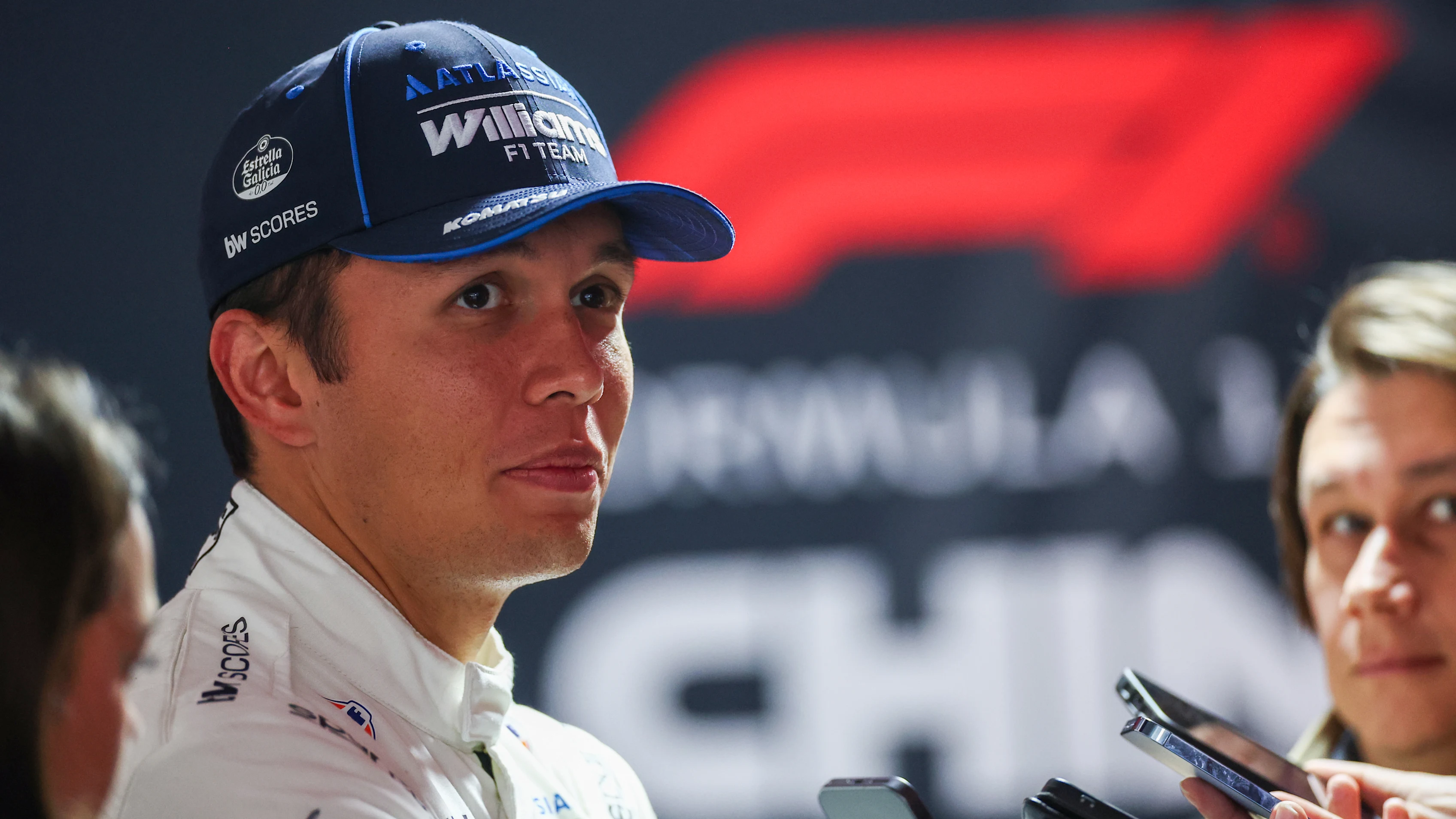 SHANGHAI, CHINA - MARCH 15: Alexander Albon of Thailand and Williams is interviewed during the F1 Grand Prix of China at Shanghai International Circuit on March 15, 2026 in Shanghai, China. (Photo by Peter Fox/Getty Images)