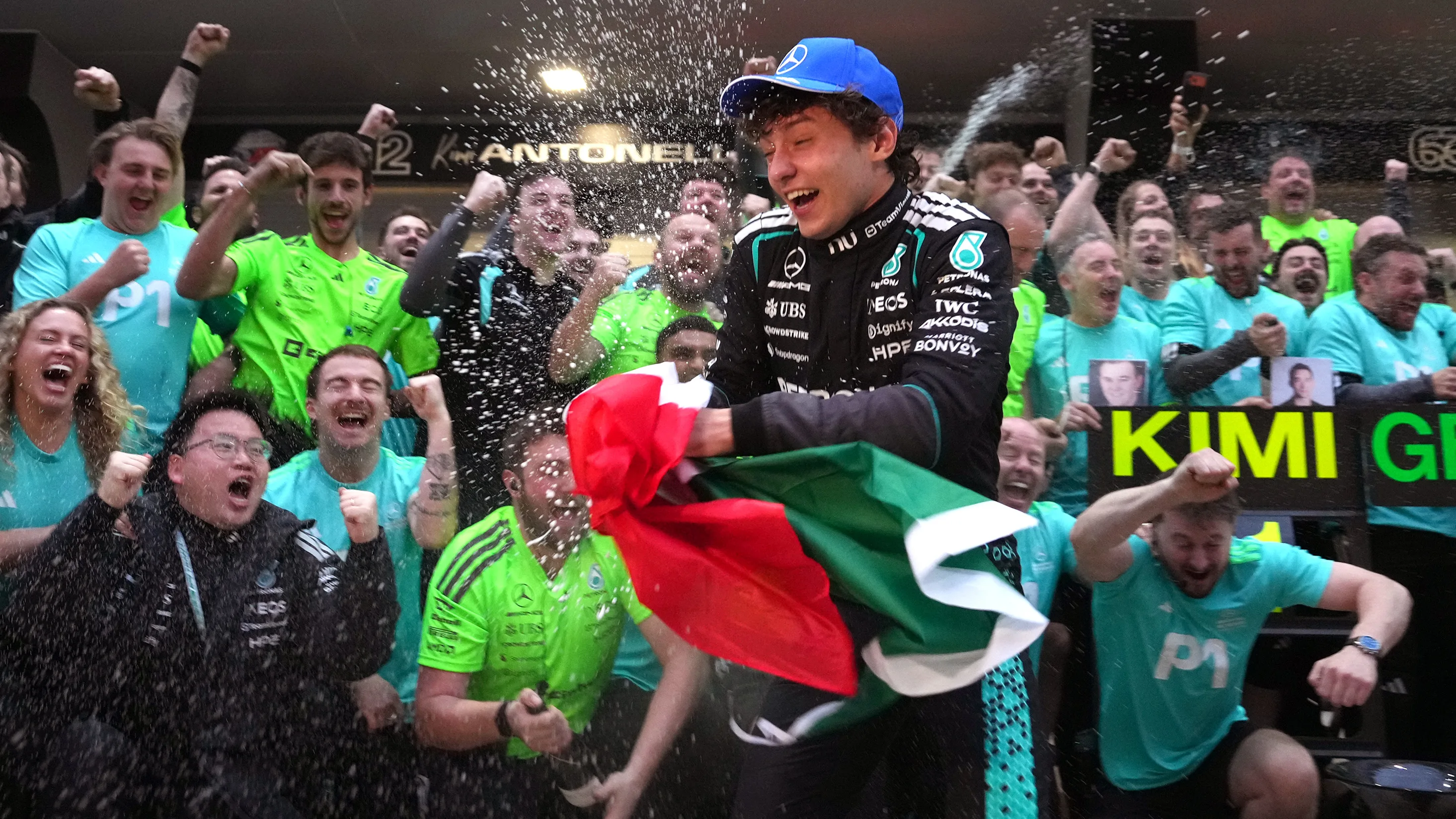 SHANGHAI, CHINA - MARCH 15: Race winner Andrea Kimi Antonelli of Italy and Mercedes AMG Petronas F1 Team celebrates with his team during the F1 Grand Prix of China at Shanghai International Circuit on March 15, 2026 in Shanghai, China. (Photo by Alex Bierens de Haan/Getty Images)