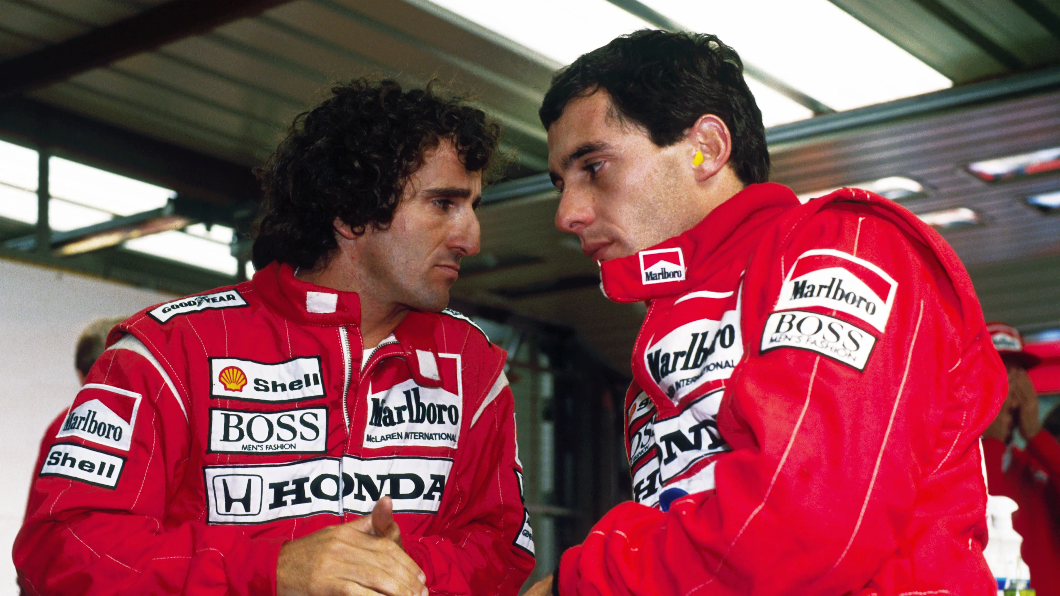 (L to R): Second placed Alain Prost (FRA) with his McLaren team mate Ayrton Senna (BRA), who took