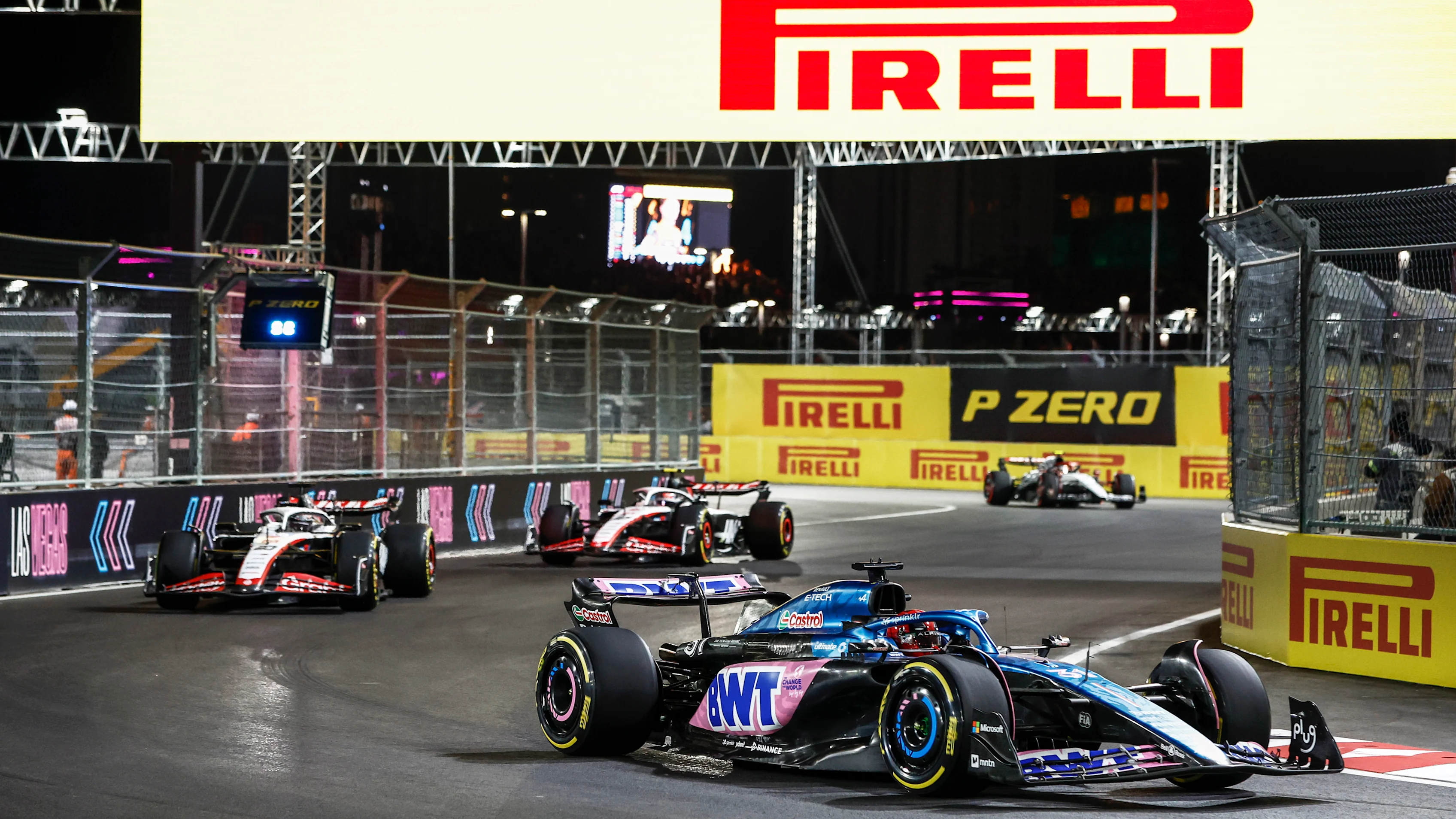 STREETS OF LAS VEGAS, UNITED STATES OF AMERICA - NOVEMBER 18: Esteban Ocon, Alpine A523, leads