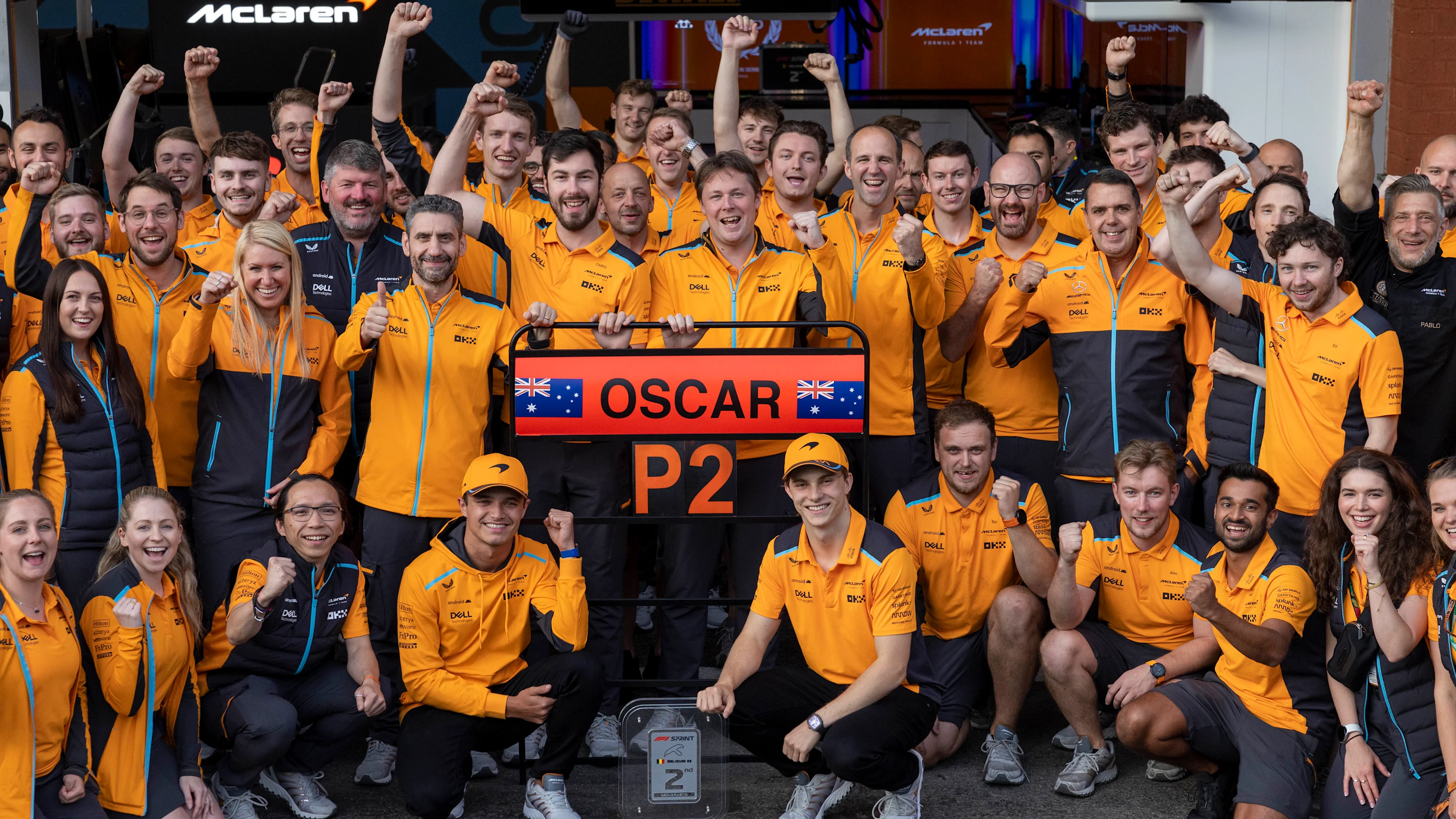 Oscar Piastri, McLaren, celebrates his second place in the Saturday Sprint with colleagues,
