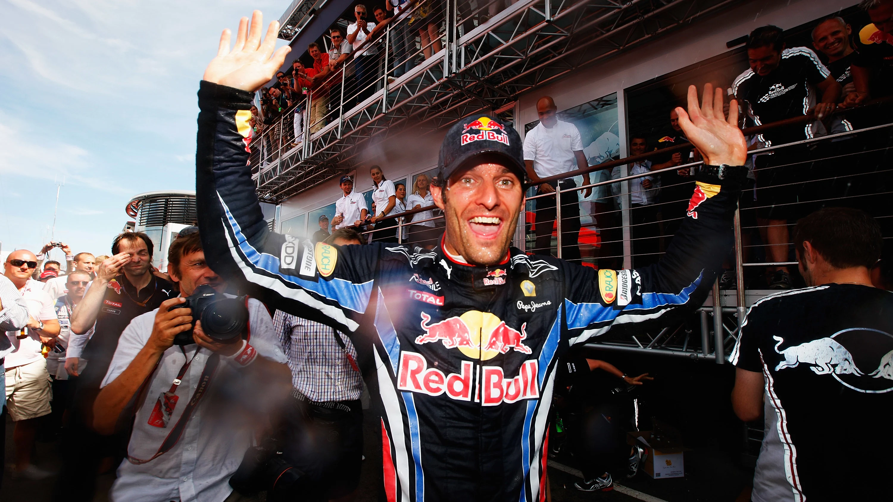 NORTHAMPTON, UNITED KINGDOM - JULY 11:  Mark Webber of Australia and Red Bull Racing celebrates