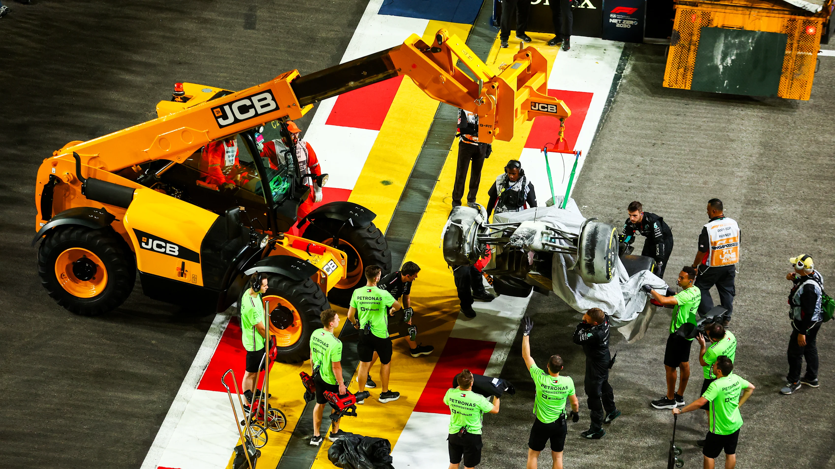 SINGAPORE, SINGAPORE - SEPTEMBER 17: The car of George Russell of Great Britain and Mercedes is