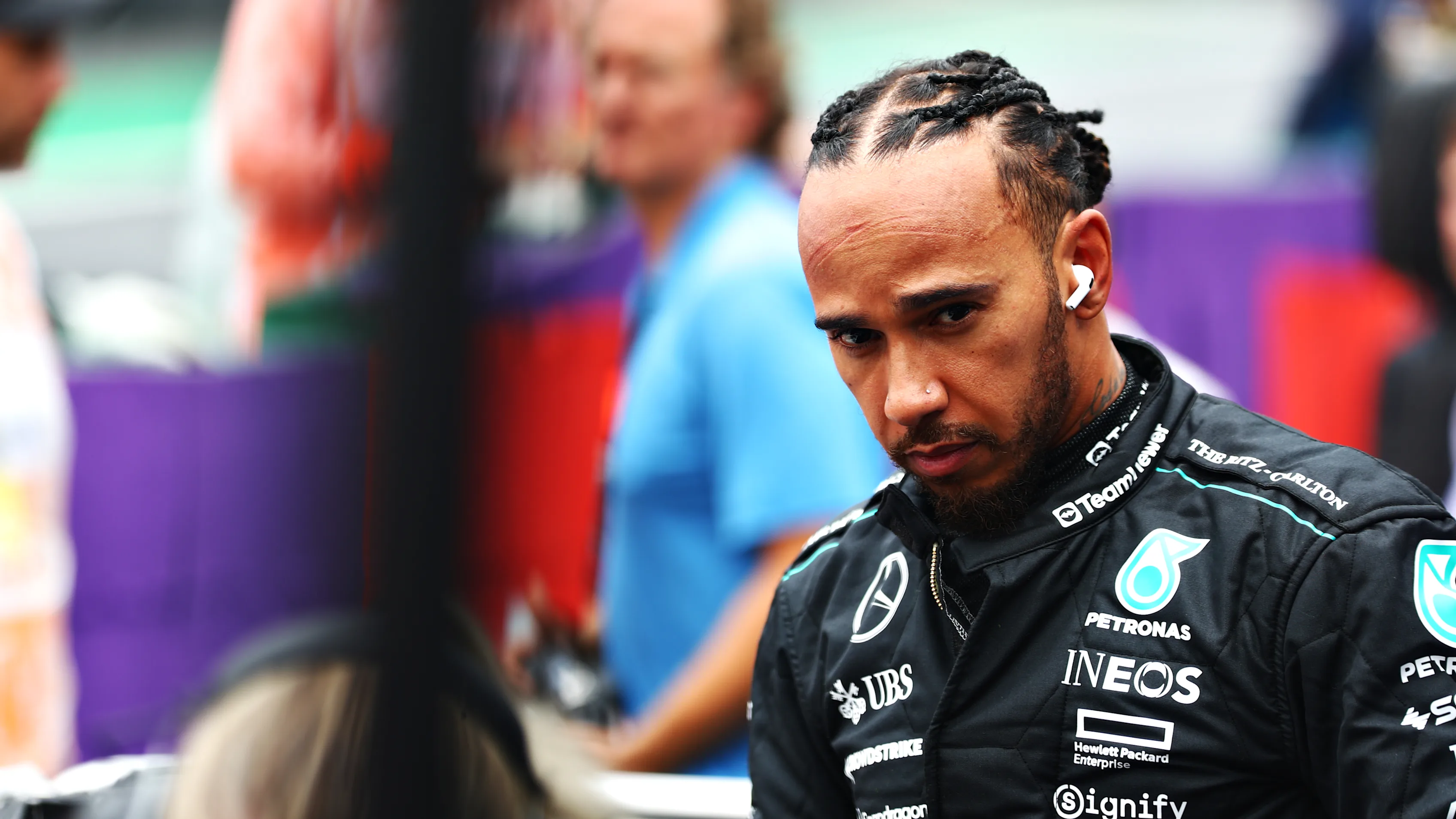 SAO PAULO, BRAZIL - NOVEMBER 03: Lewis Hamilton of Great Britain and Mercedes prepares on the grid