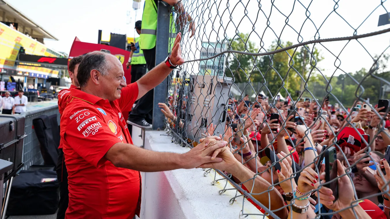 MONZA, ITALY - SEPTEMBER 01: Ferrari Team Principal Frederic Vasseur celebrates the win on the