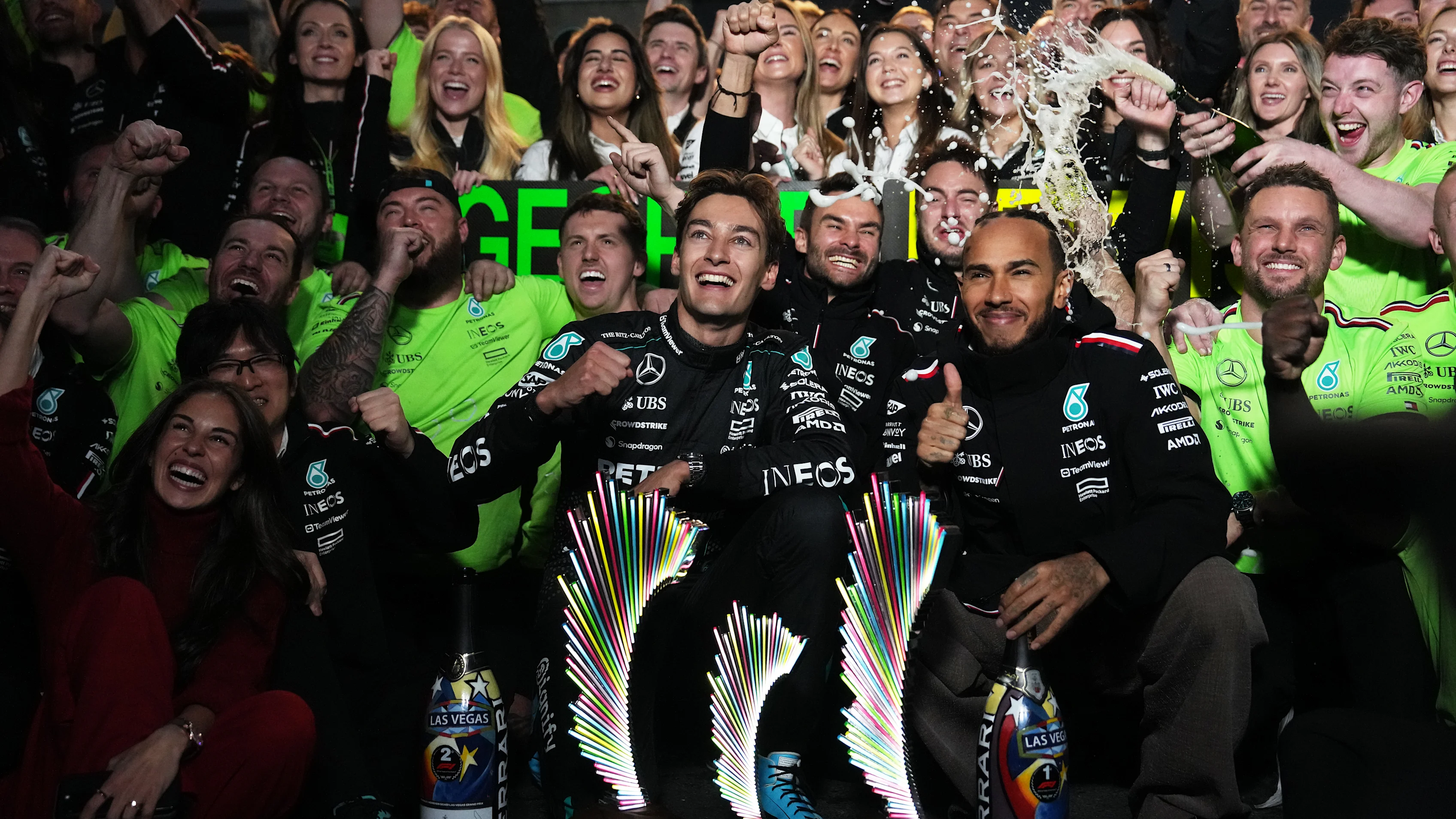 LAS VEGAS, NEVADA - NOVEMBER 23: Race winner George Russell of Great Britain and Mercedes and