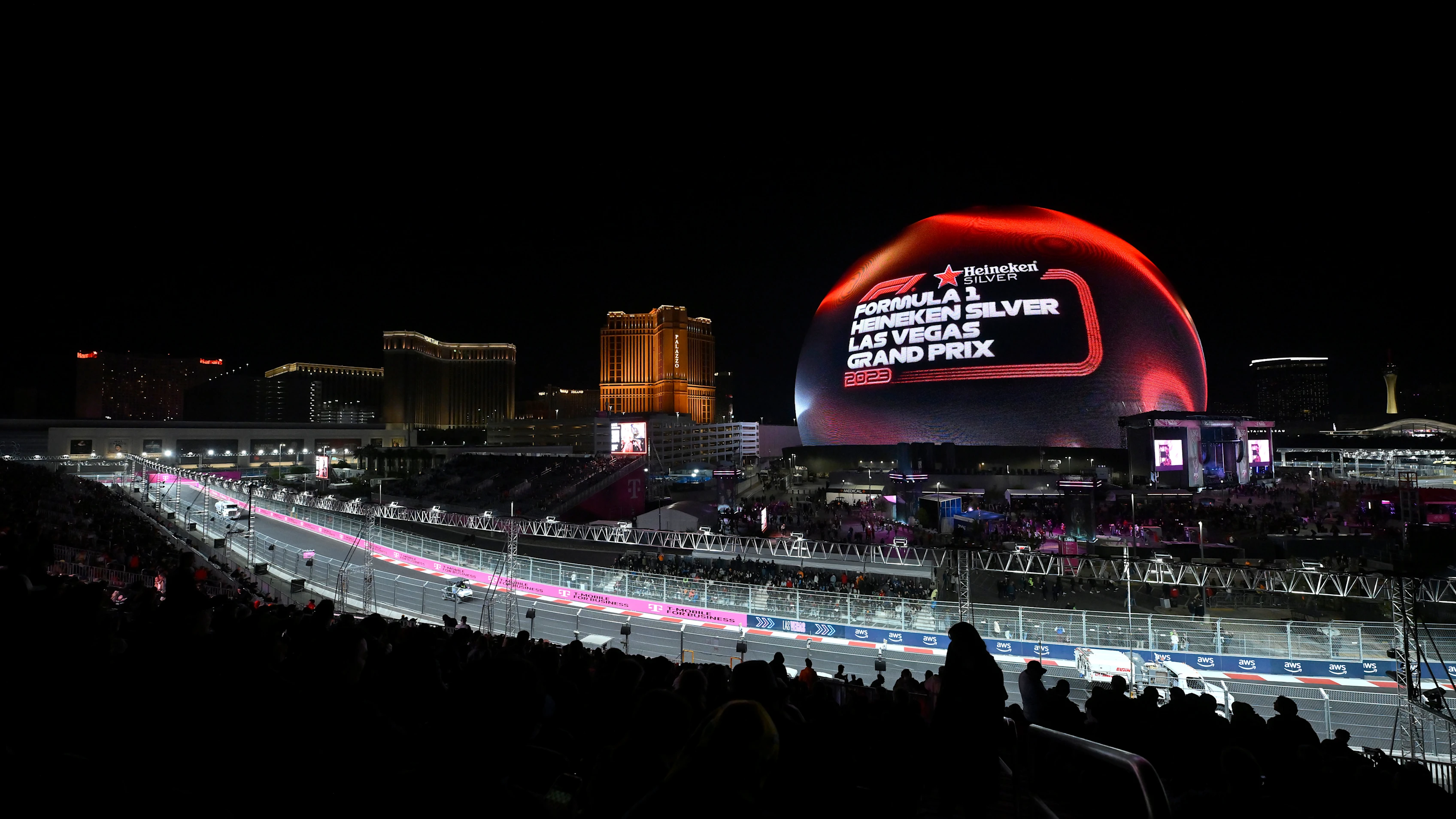 LAS VEGAS, NEVADA - NOVEMBER 17: Sphere branding ahead of the F1 Grand Prix of Las Vegas on