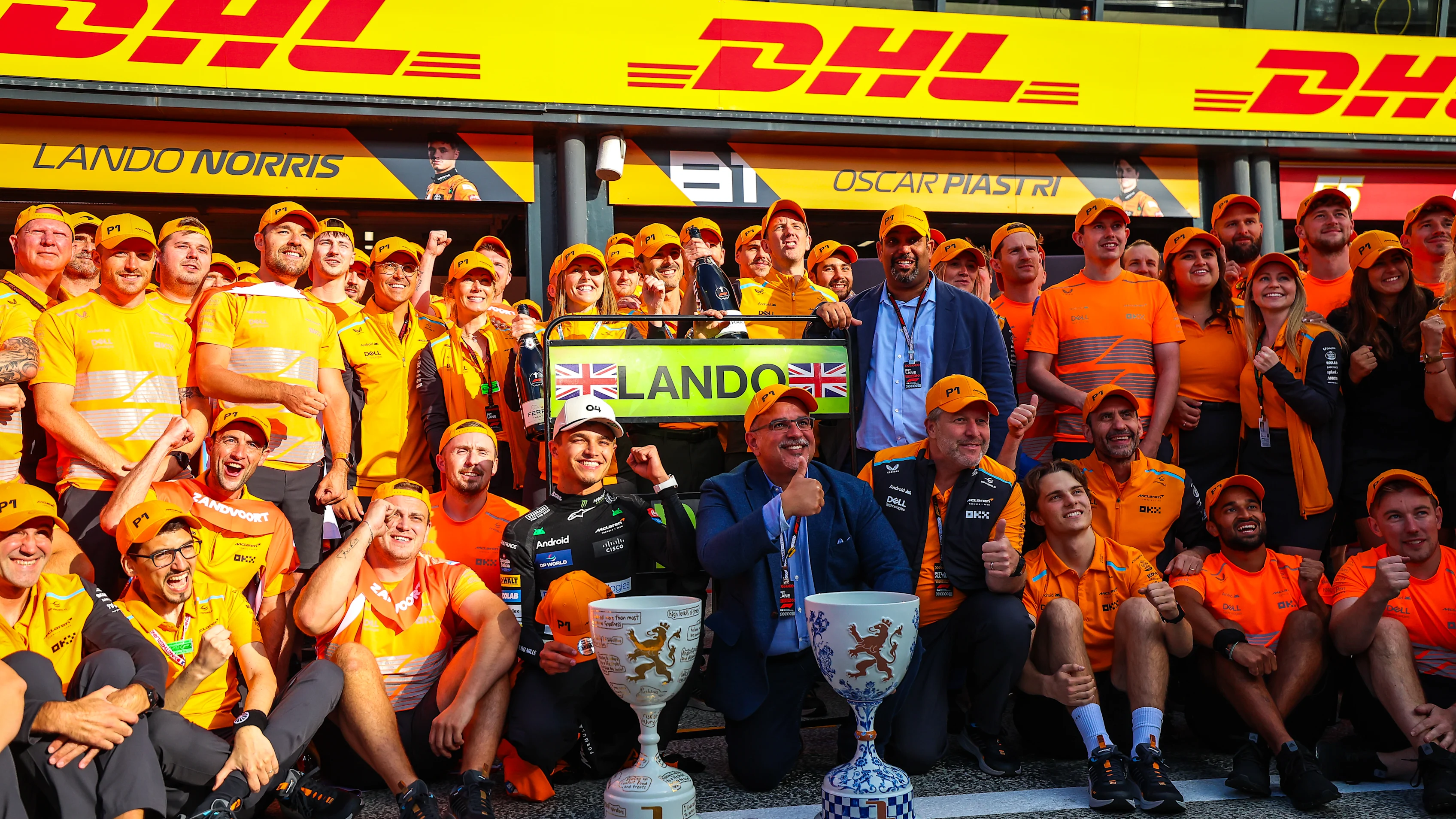 ZANDVOORT, NETHERLANDS - AUGUST 25: McLaren F1 team celebrate the win of Lando Norris of Great