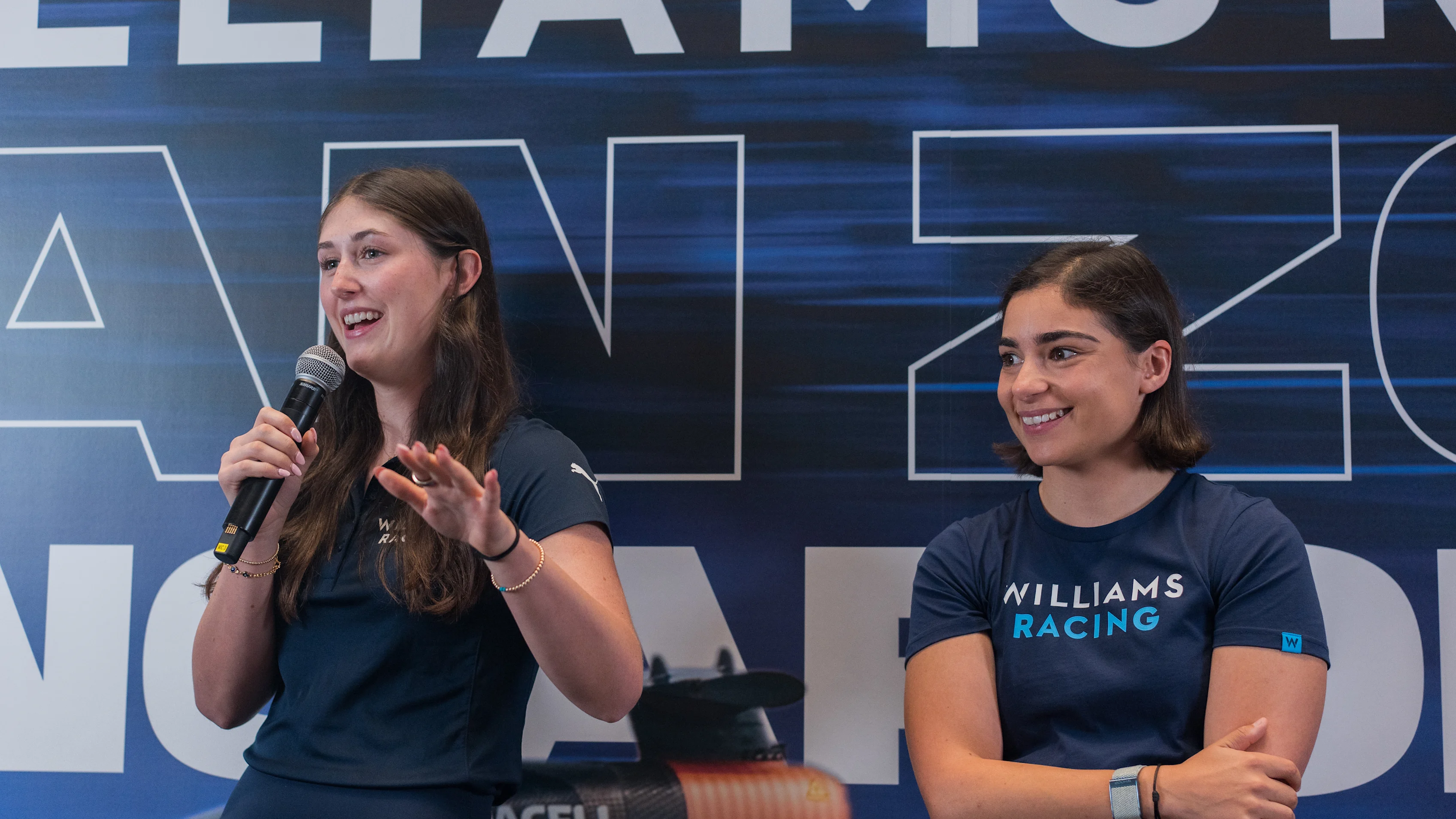 SINGAPORE, SINGAPORE - SEPTEMBER 18: Lia Block and Jamie Chadwick at the Williams Racing Fan Zone