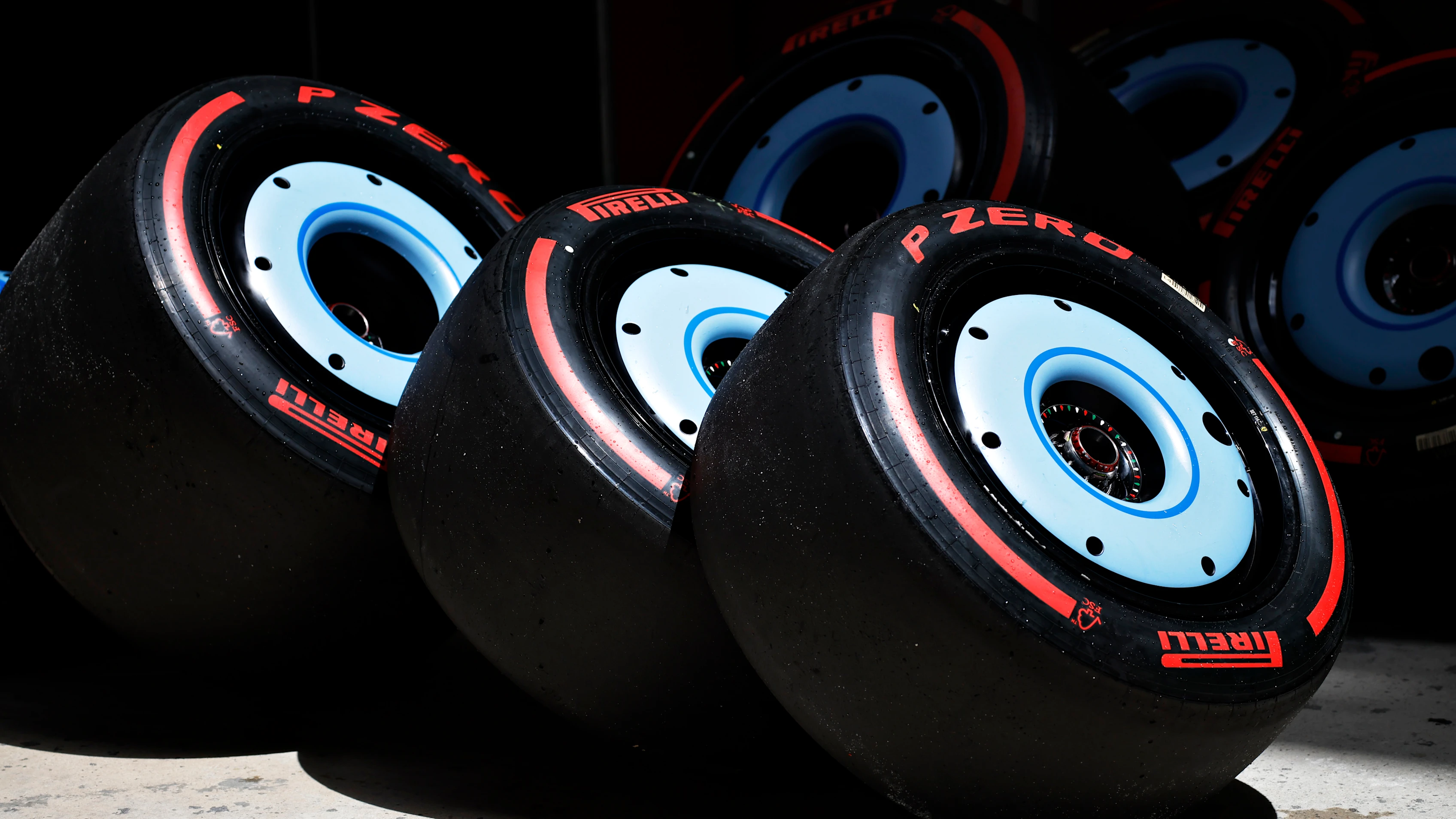 MIAMI, FLORIDA - MAY 05: Soft tyres are seen lined up in the Paddock prior to the F1 Grand Prix of