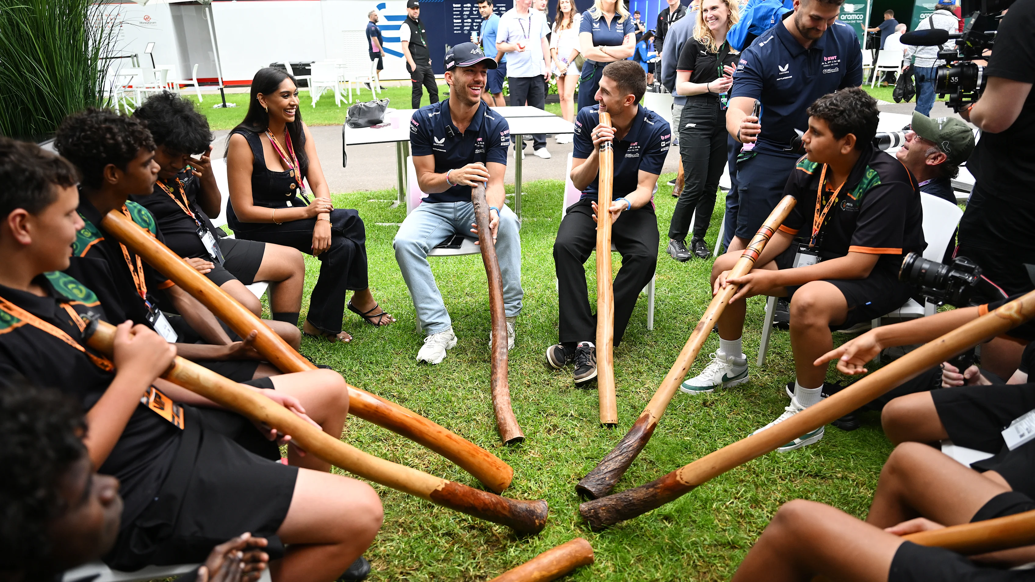 MELBOURNE, AUSTRALIA - MARCH 13: Pierre Gasly of France and Alpine F1 and Jack Doohan of Australia