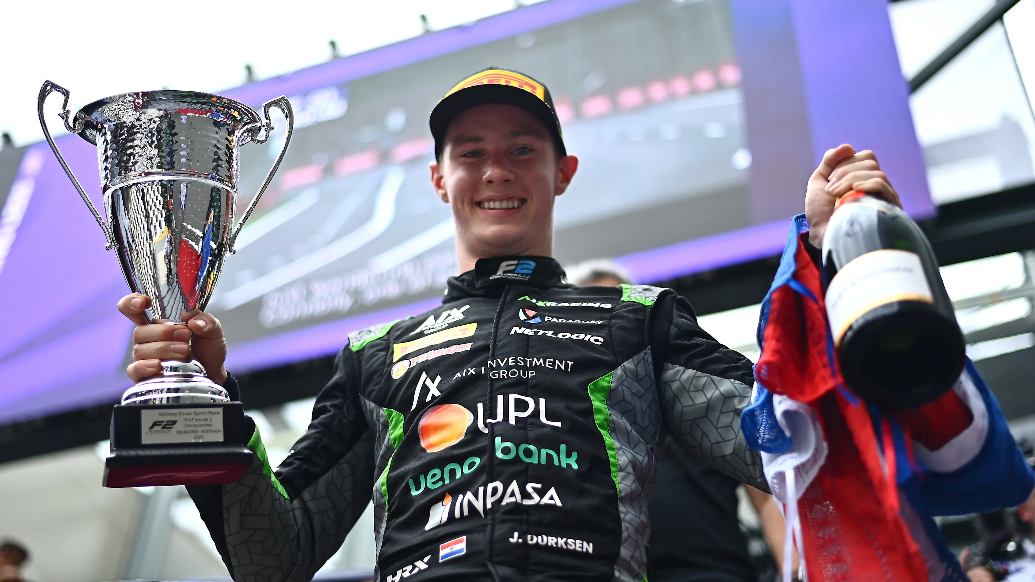 MELBOURNE, AUSTRALIA - MARCH 15: Race winner Joshua Durksen of Paraguay and AIX Racing (20)