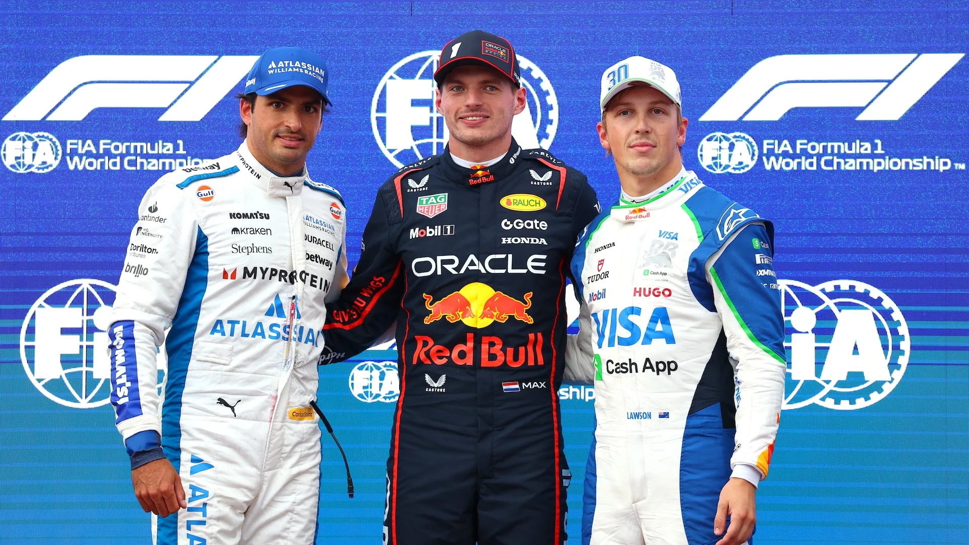 BAKU, AZERBAIJAN - SEPTEMBER 20: Top three qualifiers Pole position qualifier Max Verstappen of the