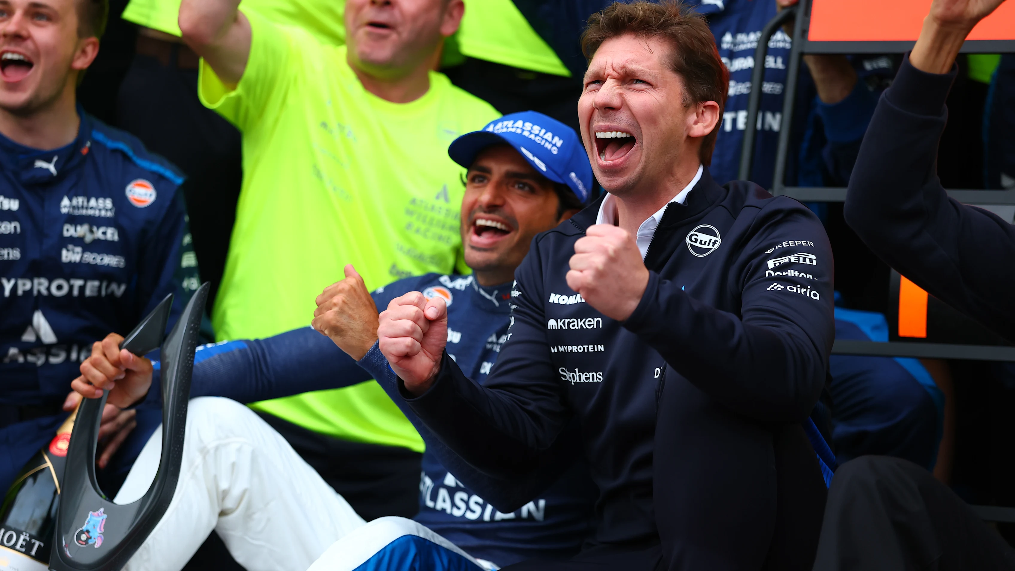 BAKU, AZERBAIJAN - SEPTEMBER 21: Third placed Carlos Sainz of Spain and Williams James Vowles, Team