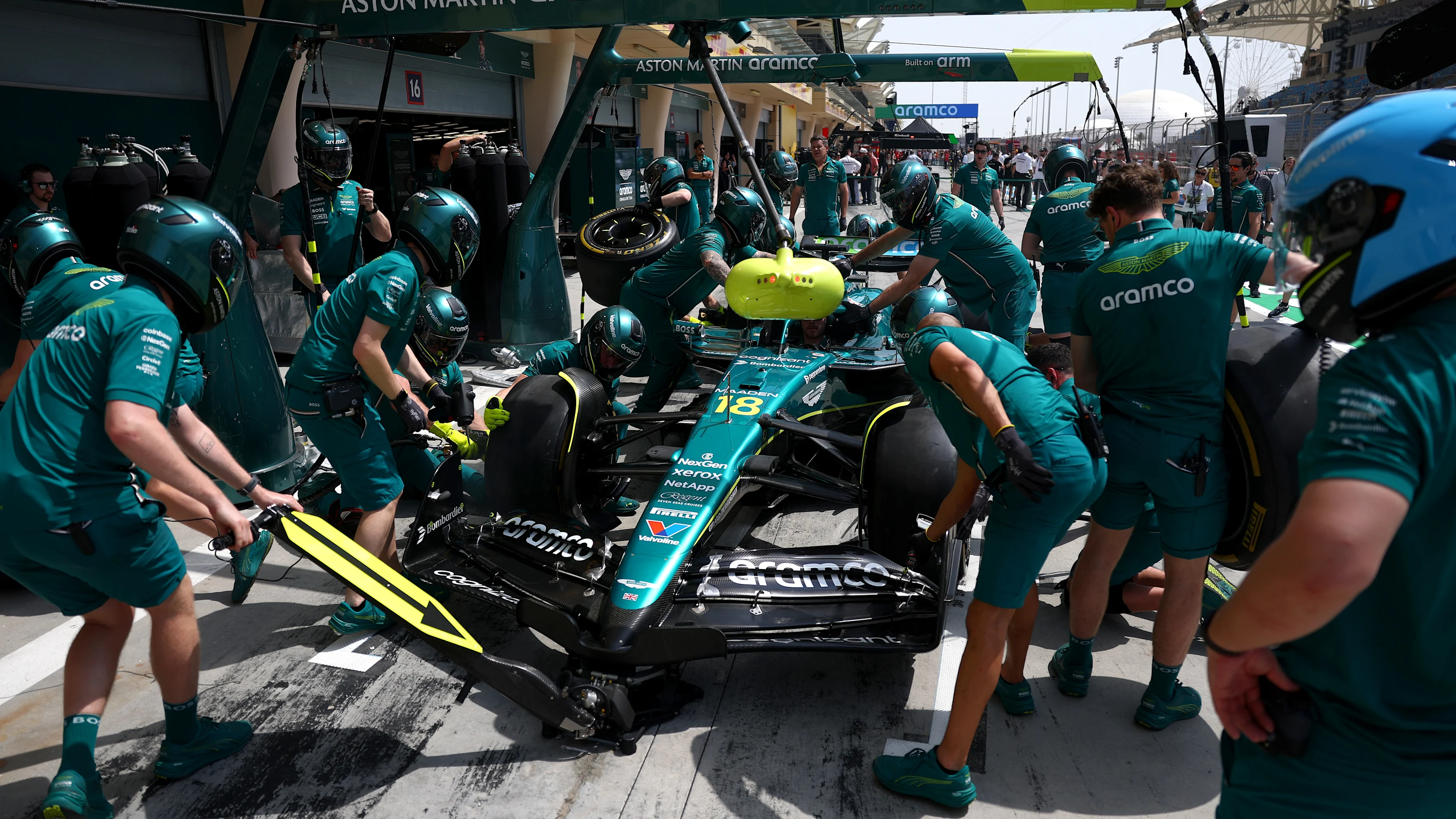 BAHRAIN, BAHRAIN - APRIL 11: The Aston Martin F1 Team pit crew practice a pit stop in the Pitlane