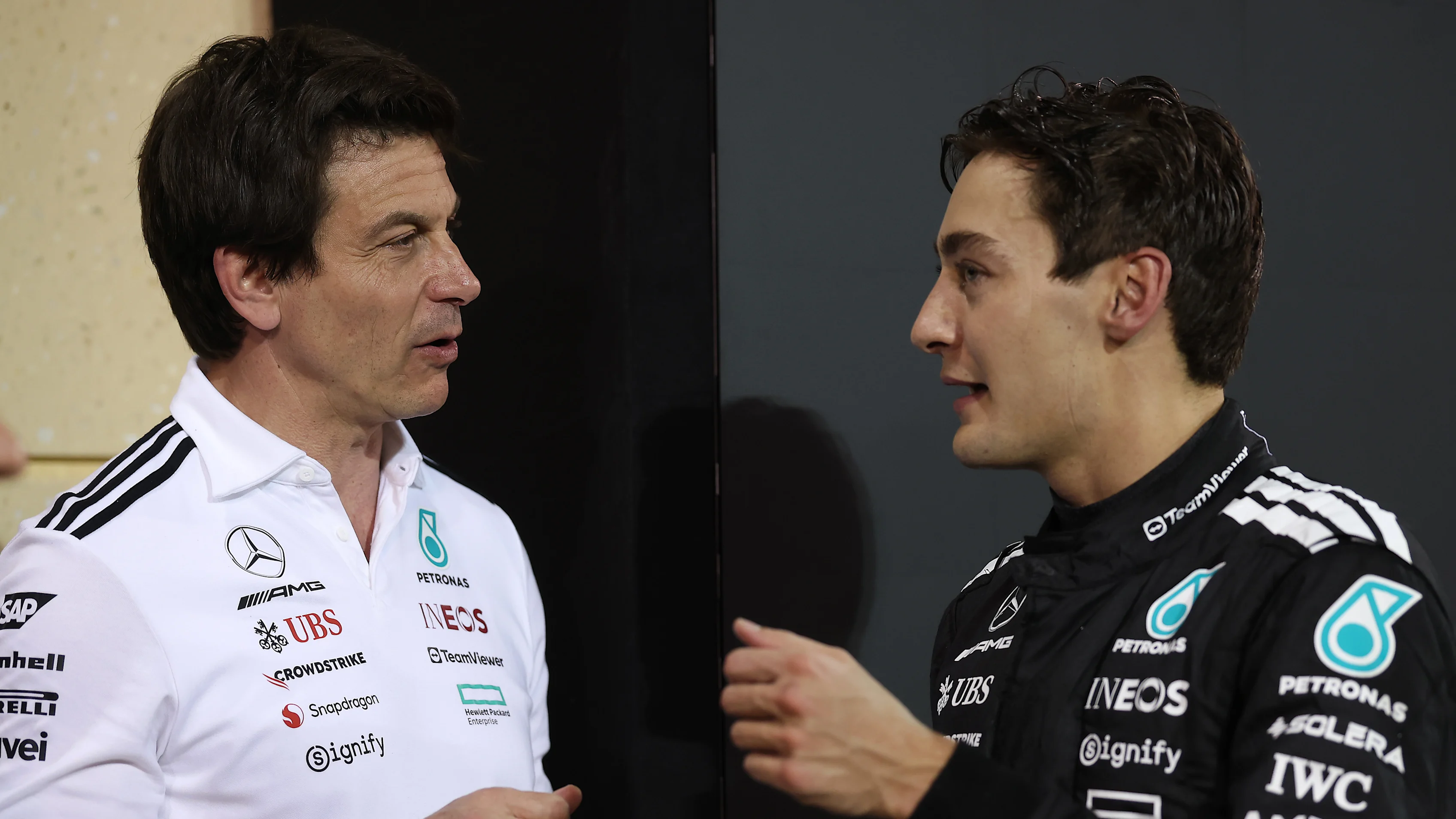 BAHRAIN, BAHRAIN - APRIL 13: Third placed Lando Norris of Great Britain and McLaren congratulates