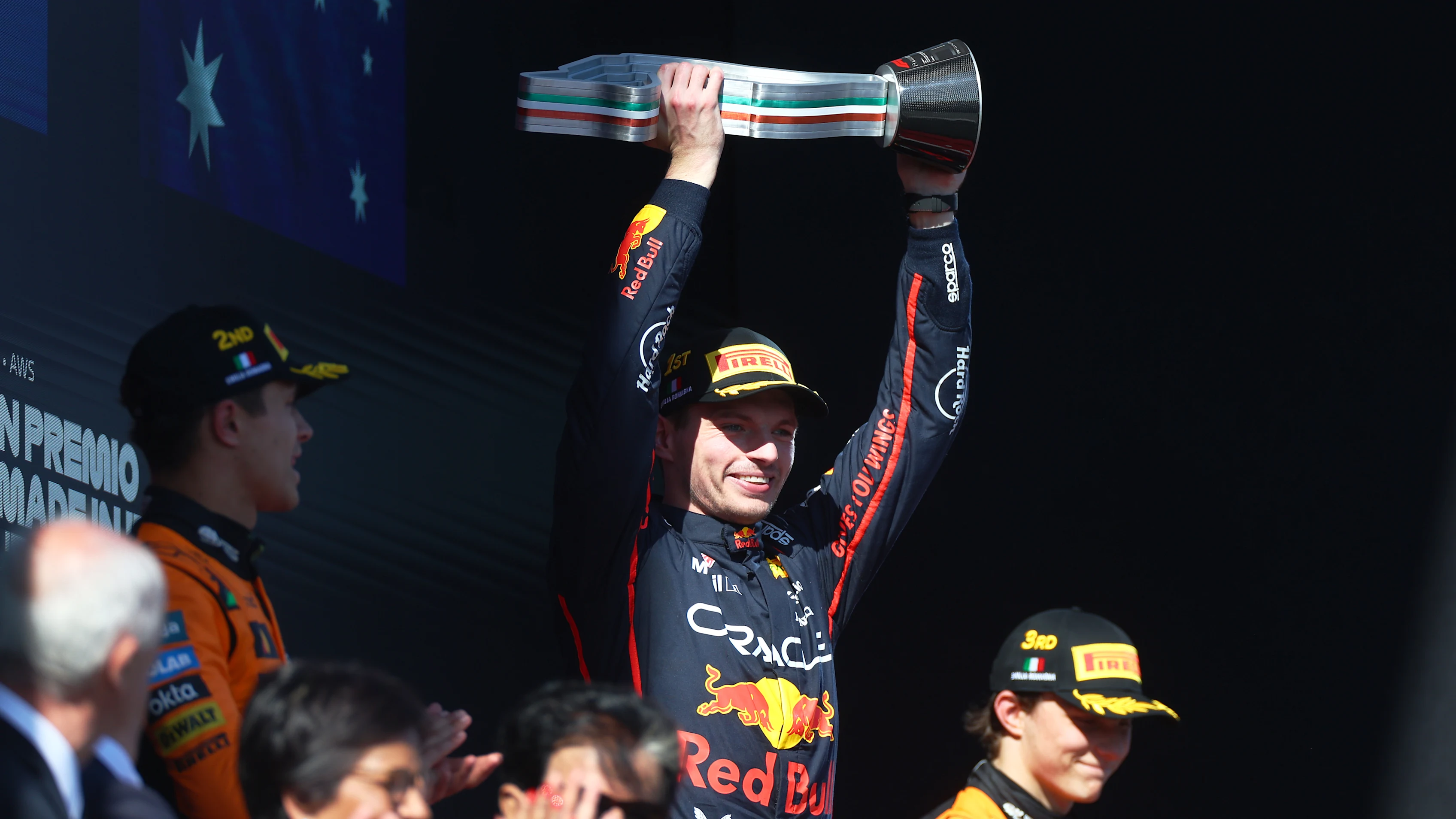 IMOLA, ITALY - MAY 18: Race winner Max Verstappen of the Netherlands and Oracle Red Bull Racing