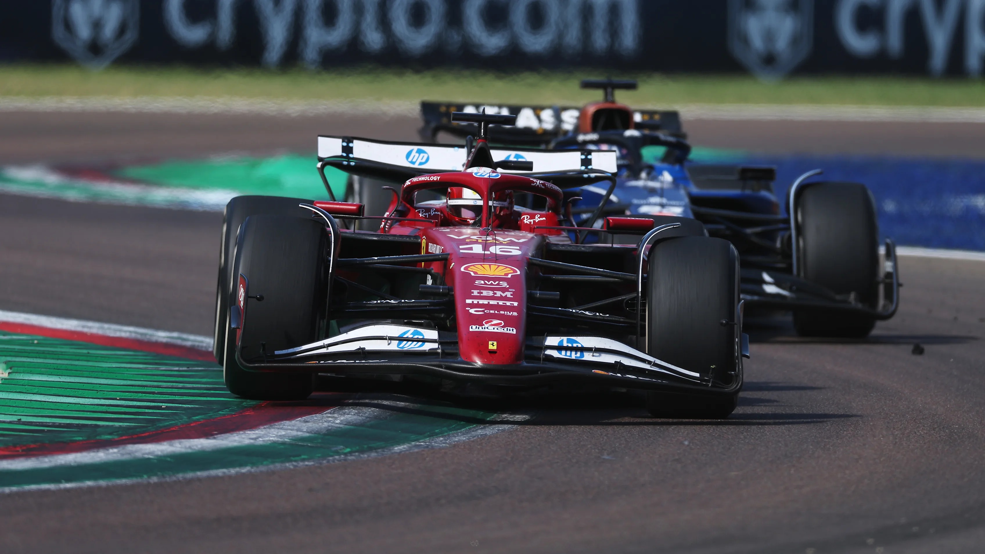 IMOLA, ITALY - MAY 18: Charles Leclerc of Monaco driving the (16) Scuderia Ferrari SF-25 leads