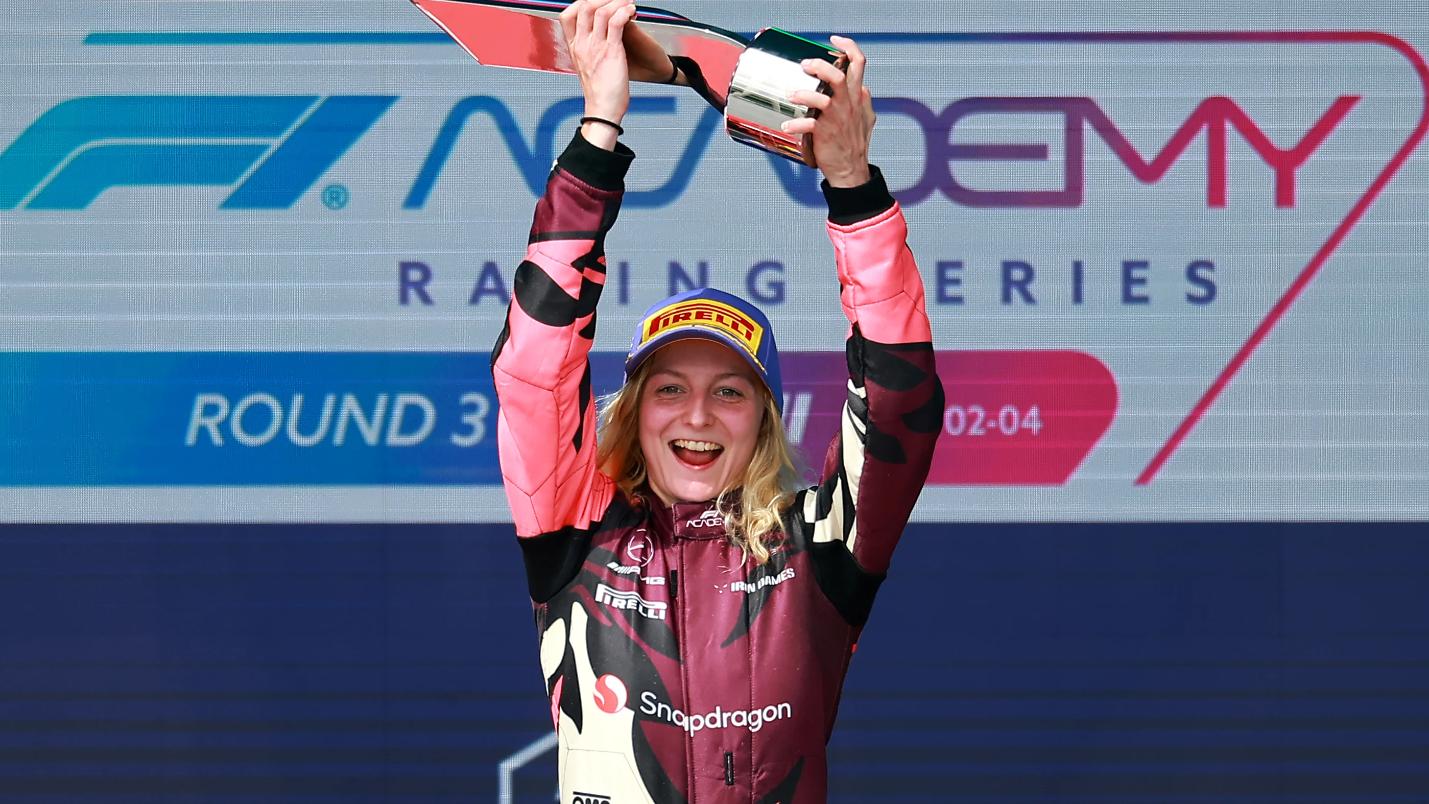 MIAMI, FLORIDA - MAY 03: Race winner Doriane Pin of France and PREMA Racing (28) on the podium with