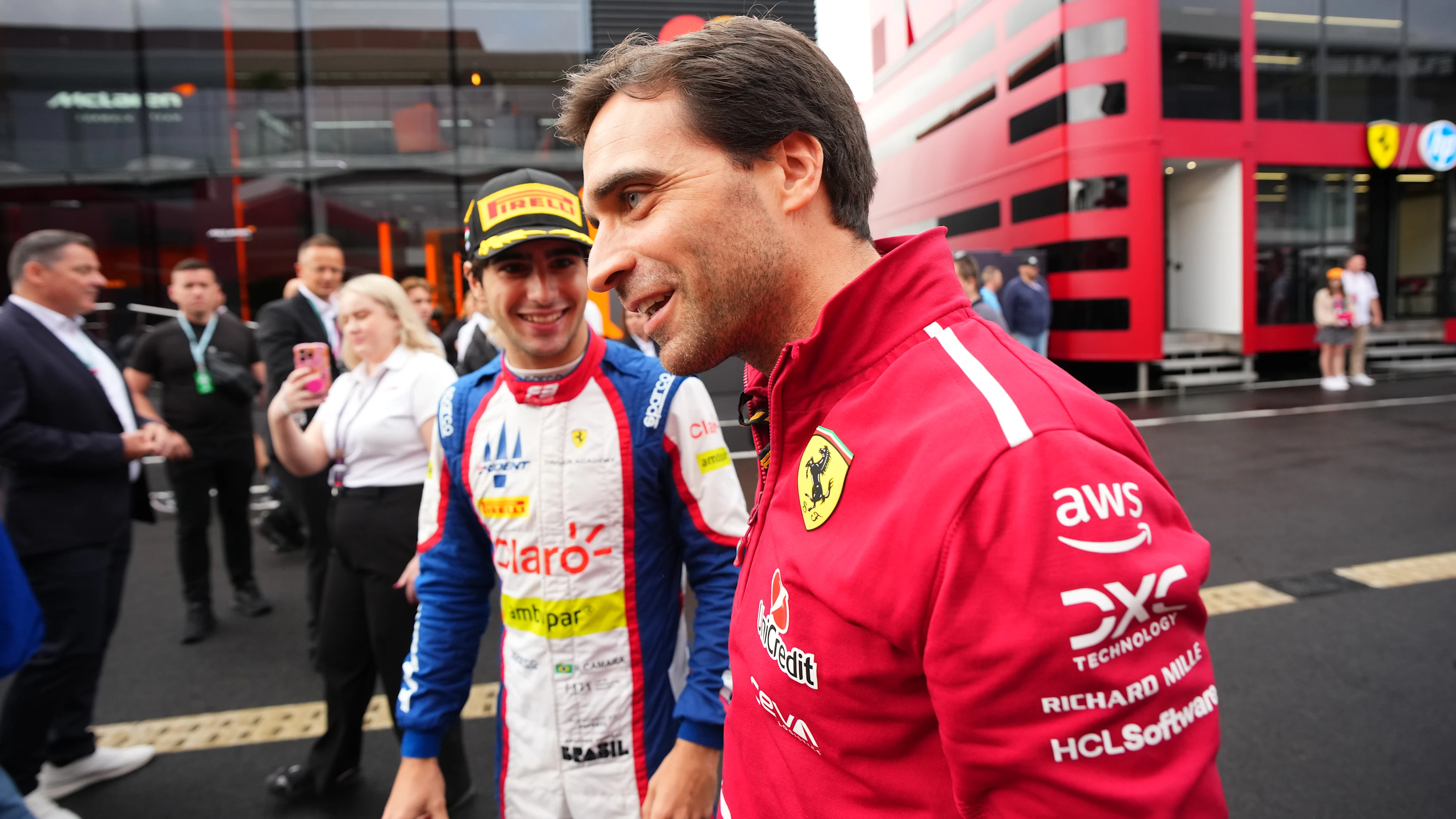 BUDAPEST, HUNGARY - AUGUST 03: 2025 F3 drivers champion and race winner Rafael Camara of Brazil and