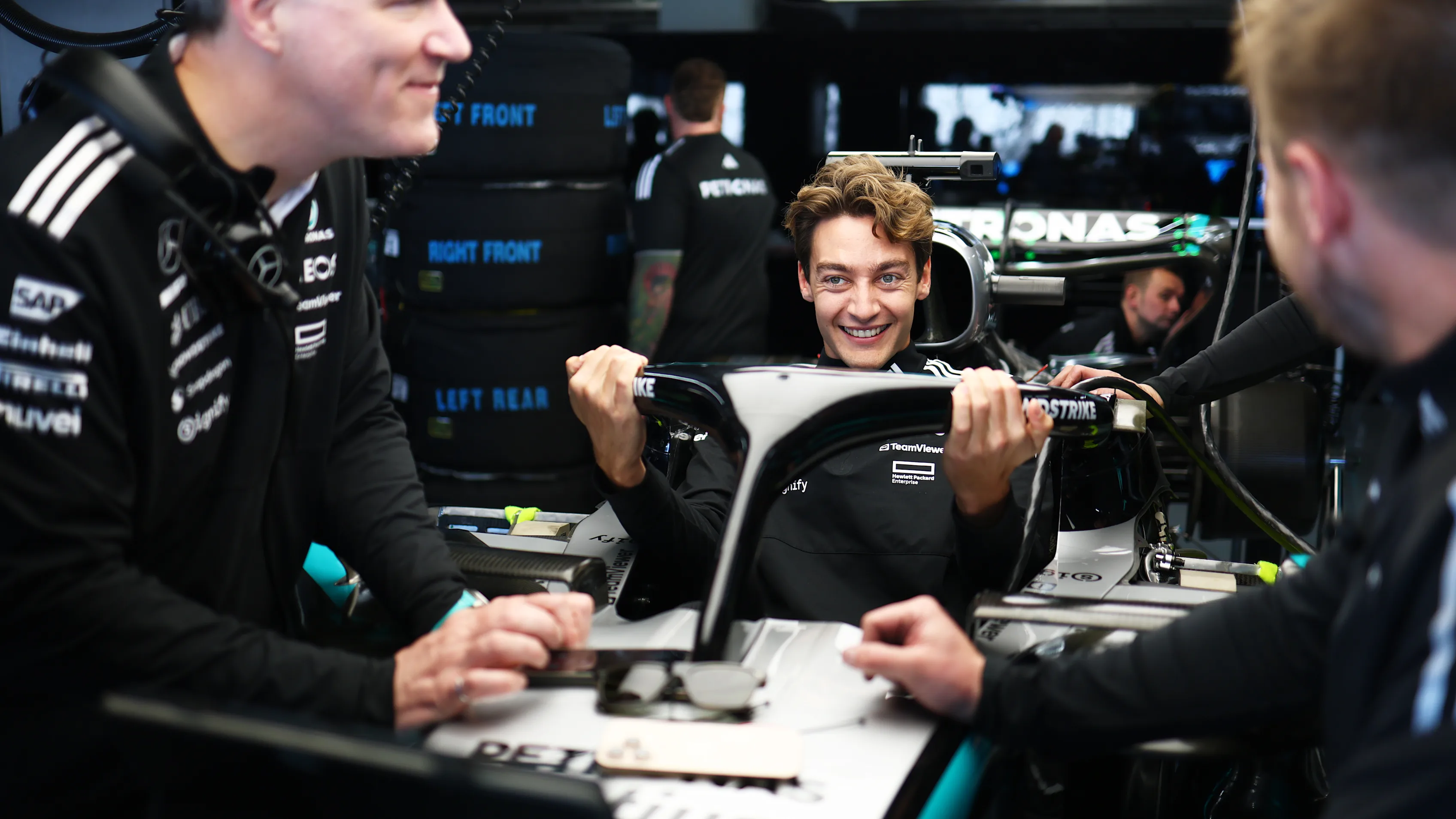 SUZUKA, JAPAN - APRIL 03: George Russell of Great Britain and Mercedes AMG Petronas F1 Team arrives