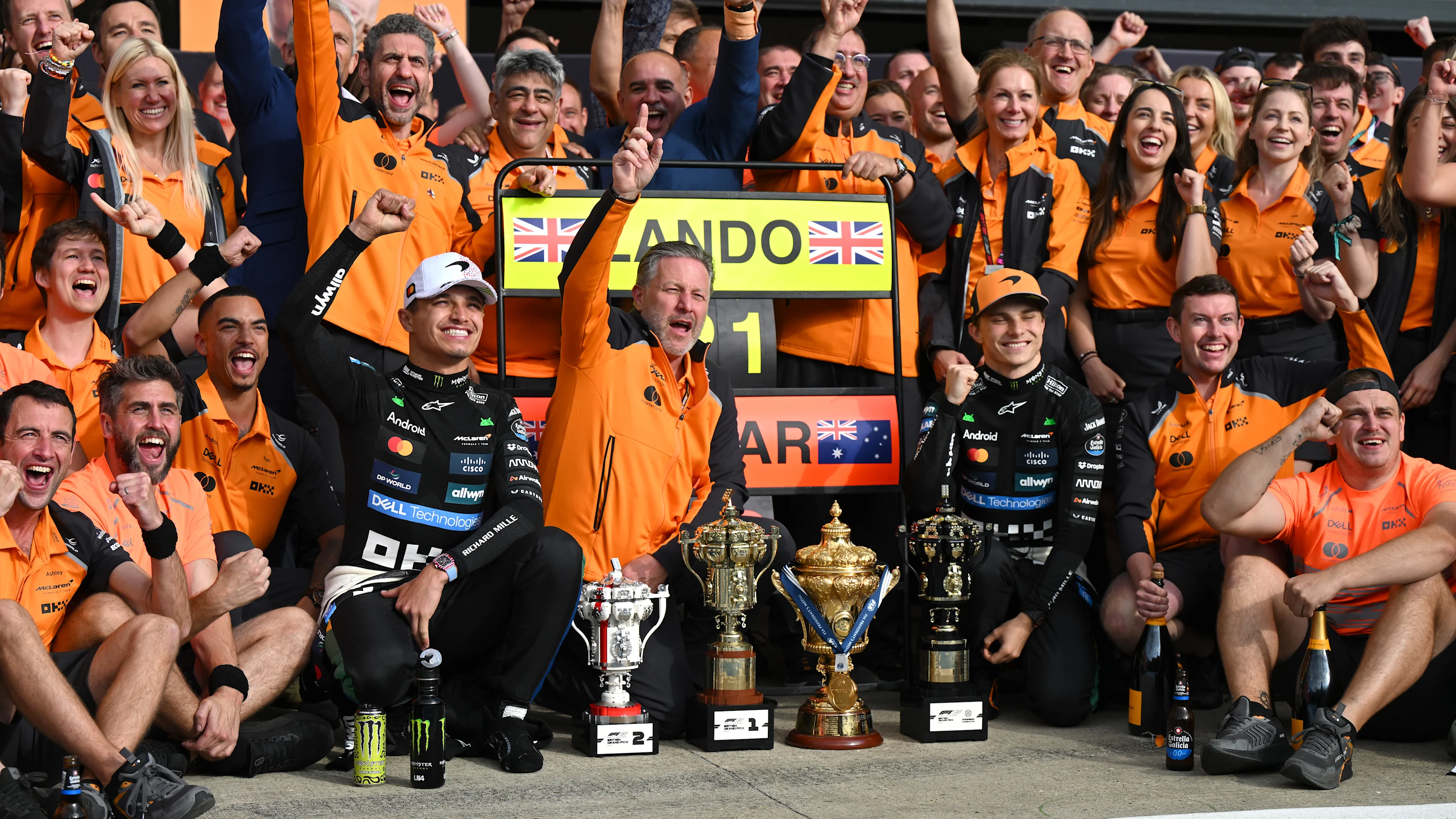 NORTHAMPTON, ENGLAND - JULY 06: Race winner Lando Norris of Great Britain and McLaren Second placed