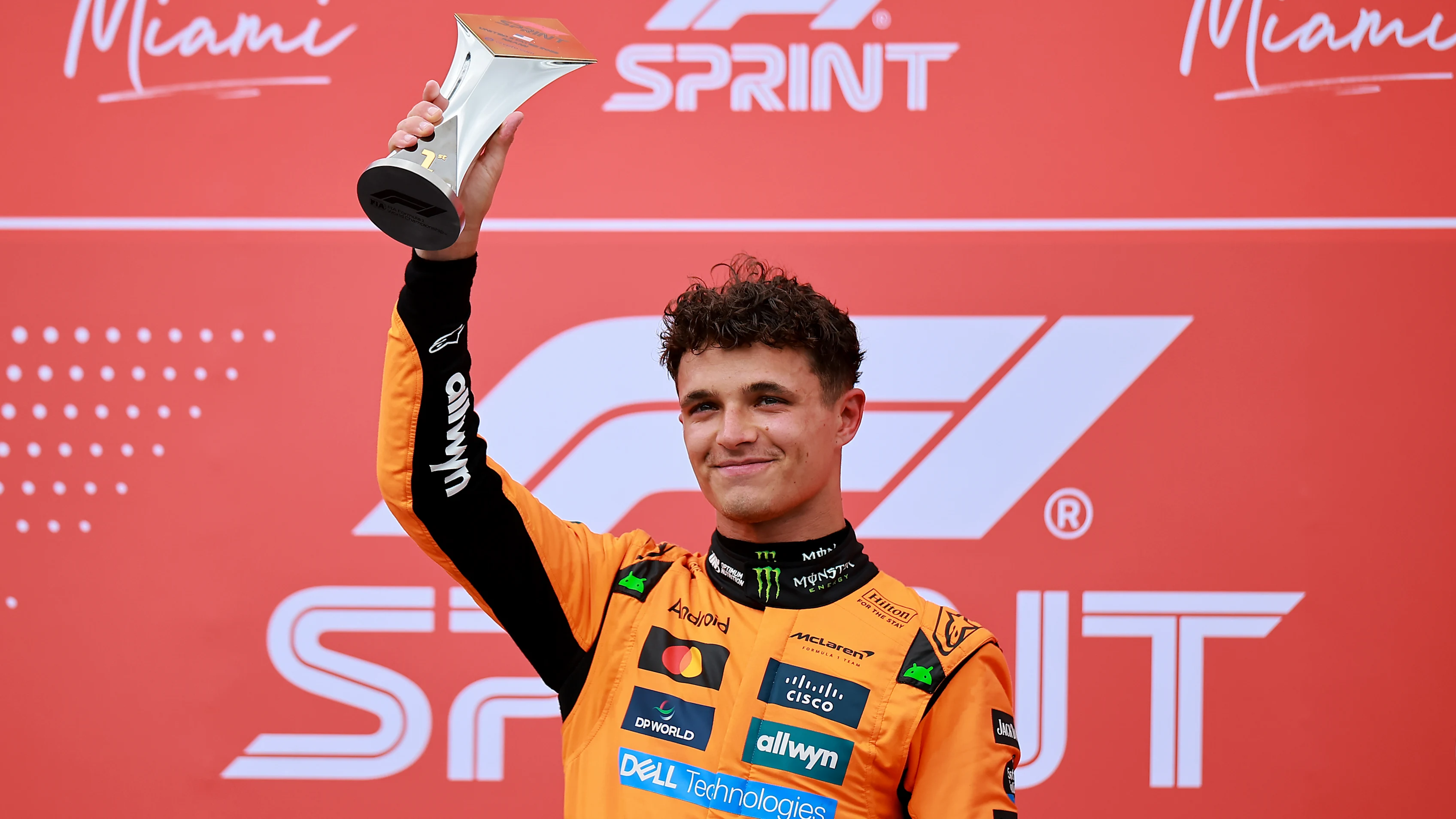 MIAMI, FLORIDA - MAY 03: Sprint winner Lando Norris of Great Britain and McLaren arrives in parc