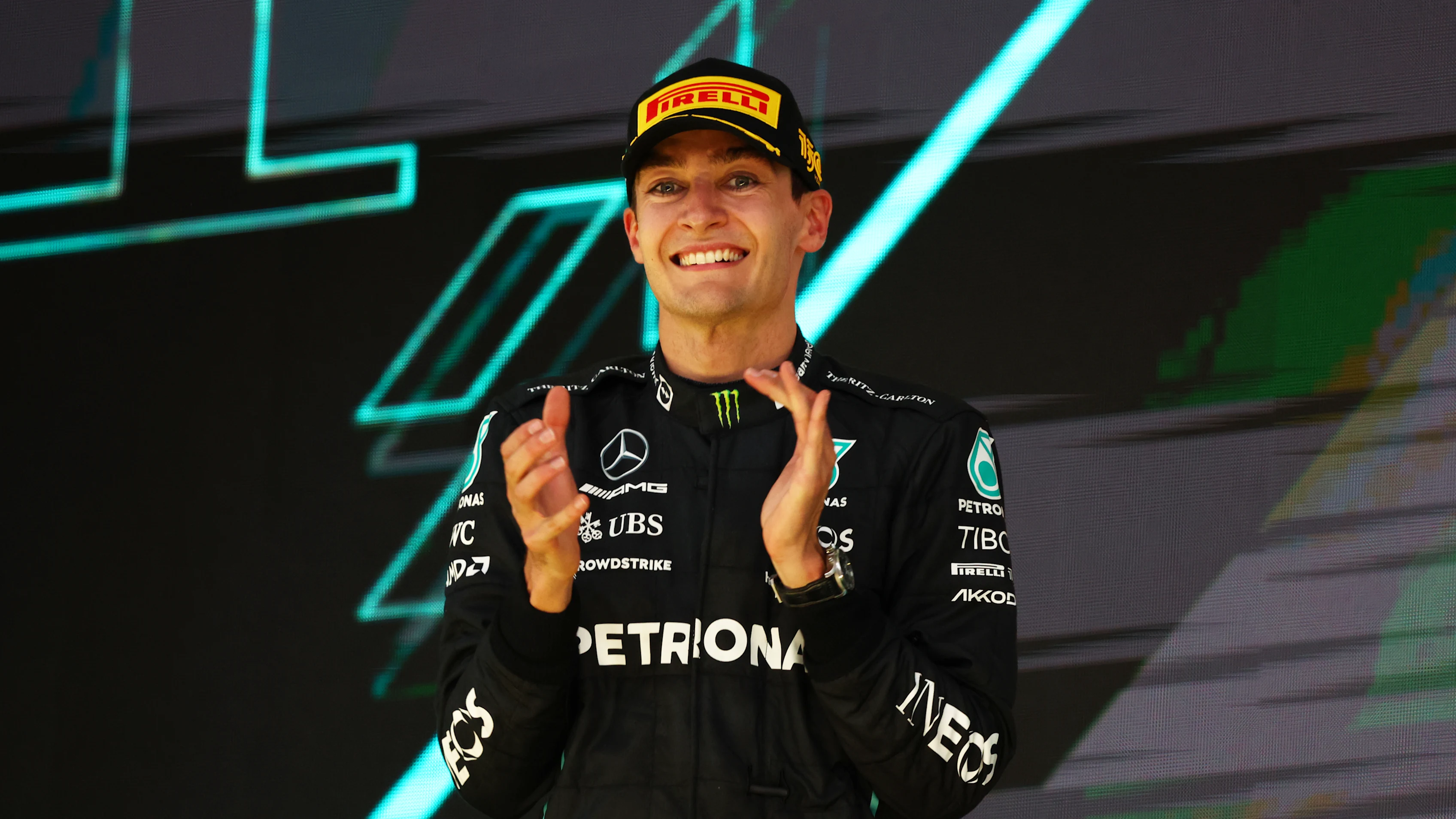 SAO PAULO, BRAZIL - NOVEMBER 13: Race winner George Russell of Great Britain and Mercedes