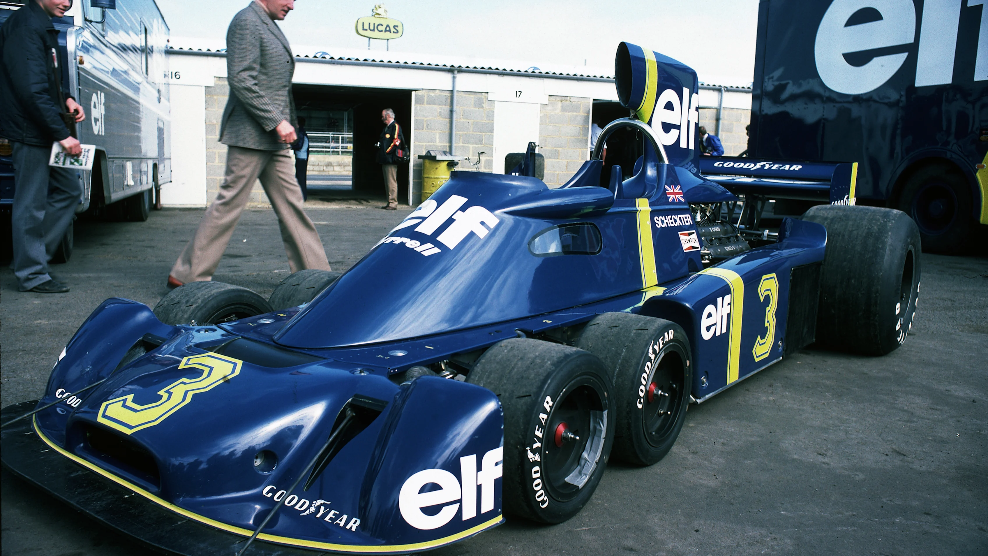 1976:  Elf-Tyrrell driver Jody Sheckter of South Africa unique six wheeled car the Tyrrell Project