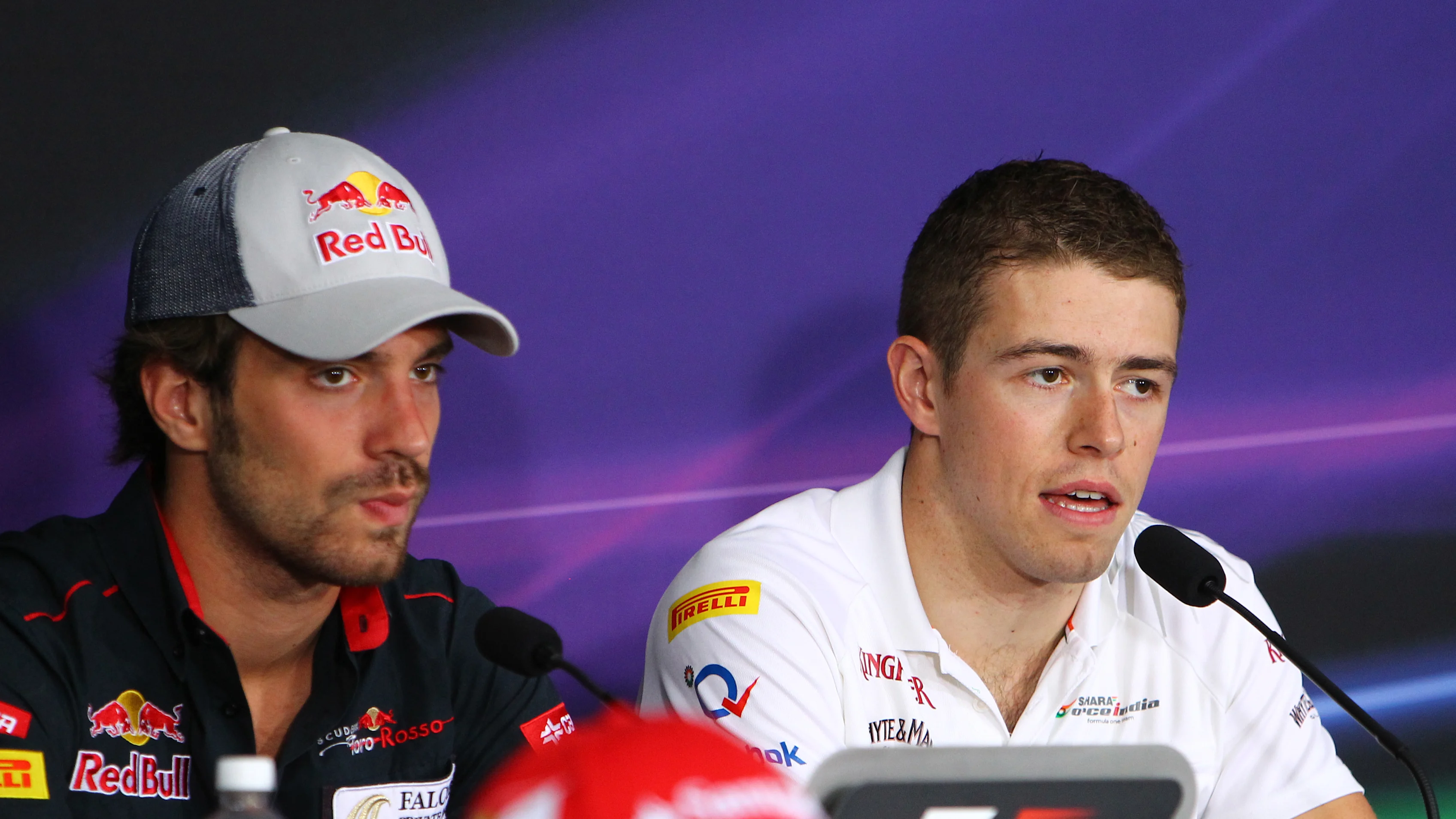 Jean-Eric Vergne (FRA) Scuderia Toro Rosso and Paul di Resta (GBR) Force India F1 in the Press
