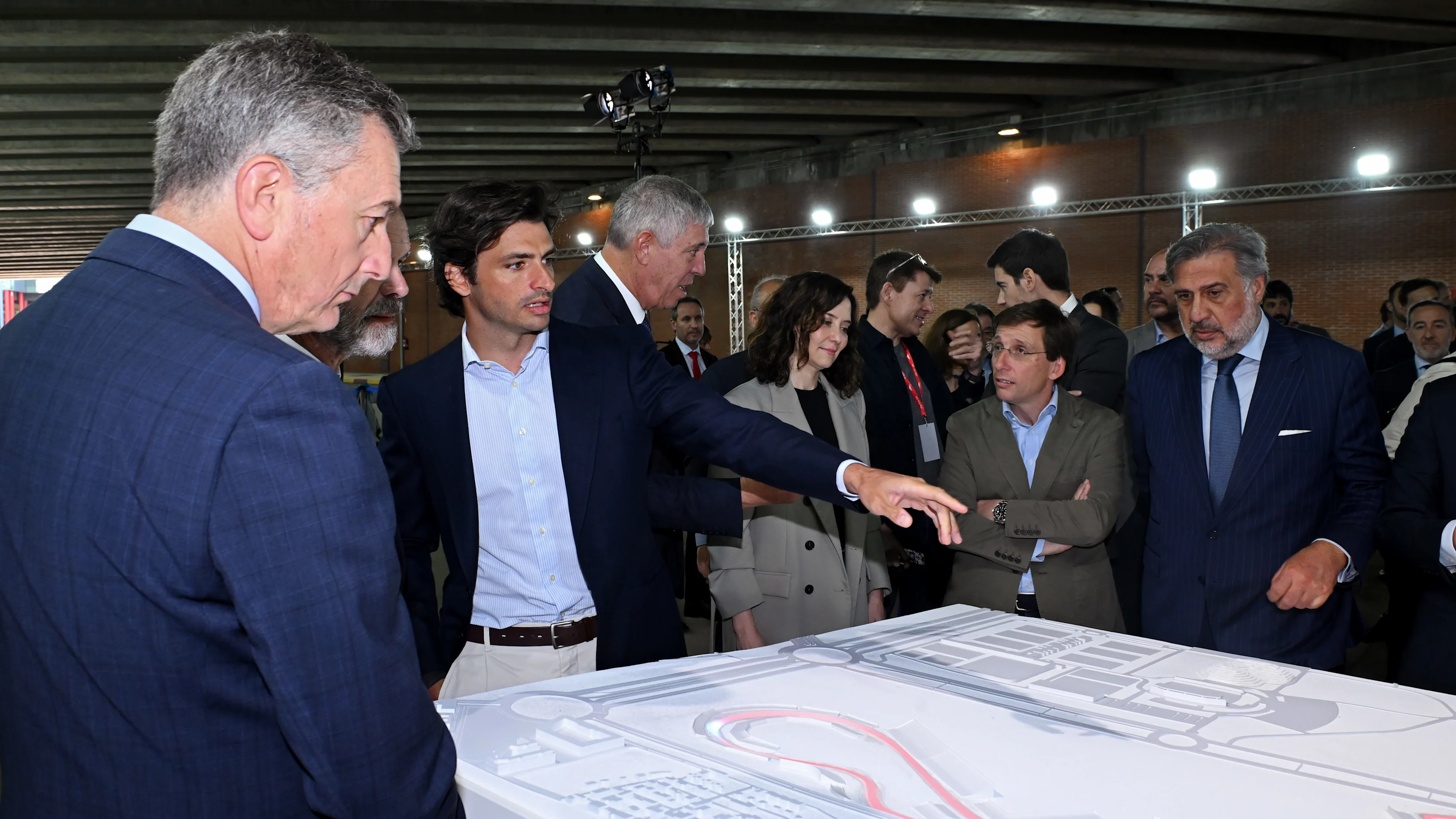 MADRID, SPAIN - APRIL 25: Carlos Sainz of Spain and Williams points at a model of the Formula 1
