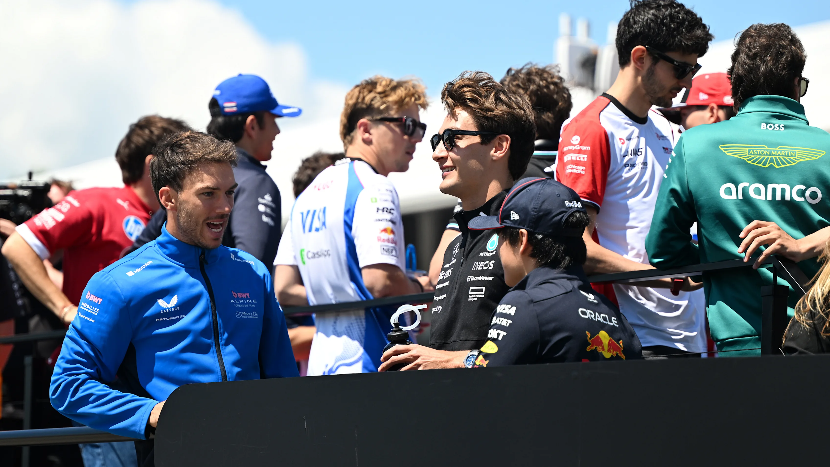 IMOLA, ITALY - MAY 18: Pierre Gasly of France and Alpine F1 George Russell of Great Britain and