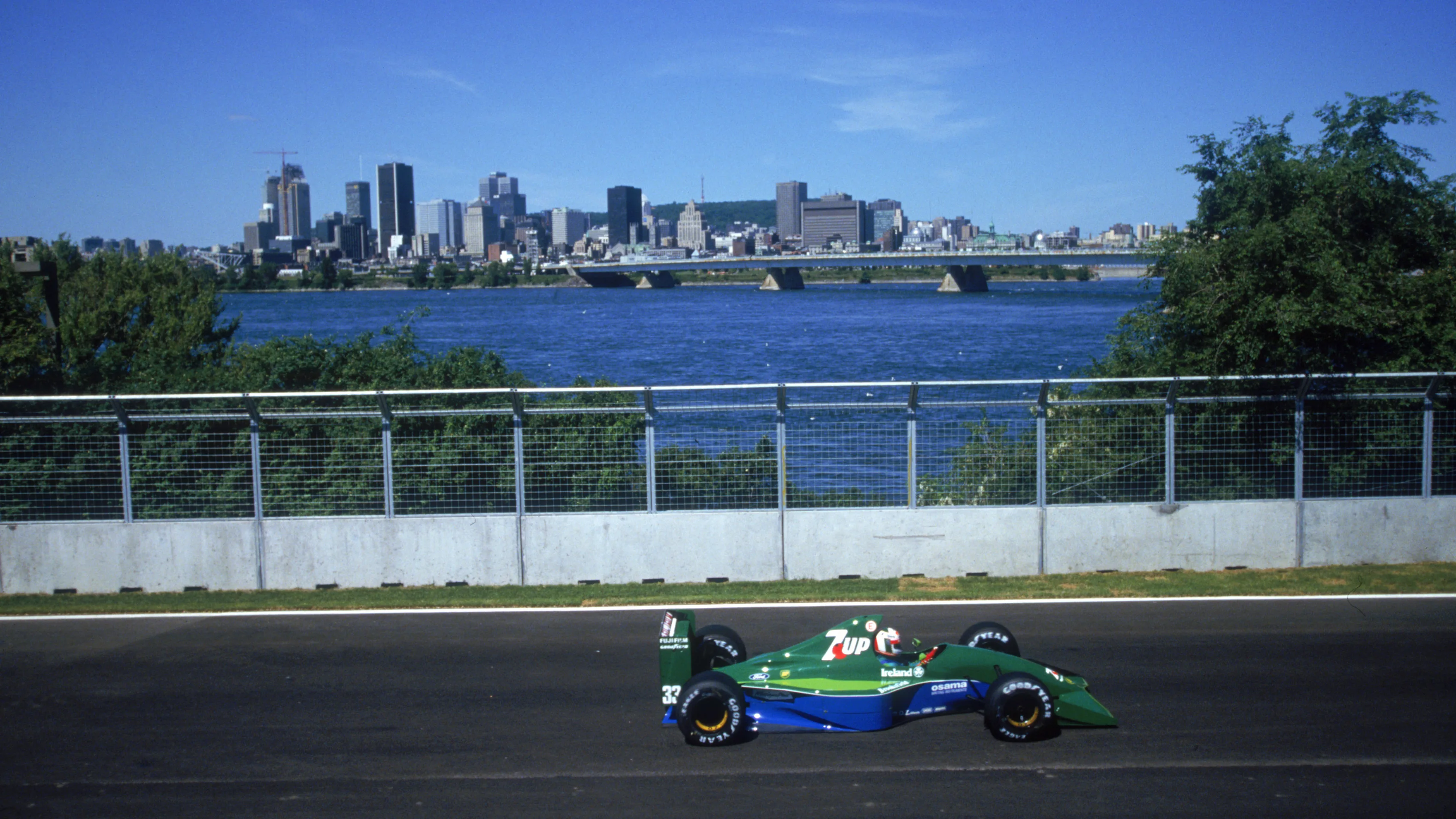 Italian racing driver Andrea de Cesaris driving a Jordan-Cosworth at the Canadian Grand Prix,