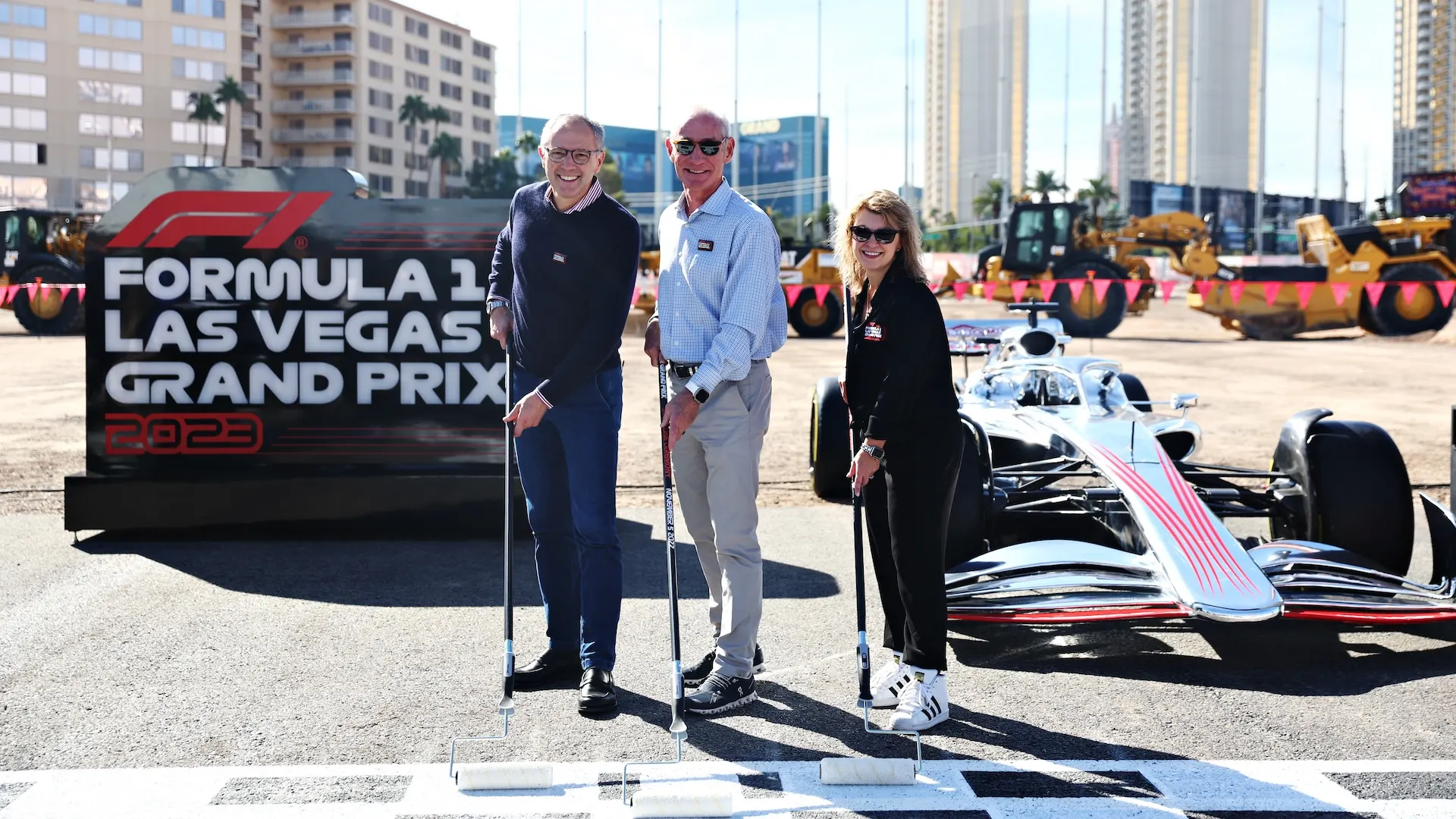 LAS VEGAS, NEVADA - NOVEMBER 05: Greg Maffei, Liberty Media President and CEO, Stefano Domenicali,