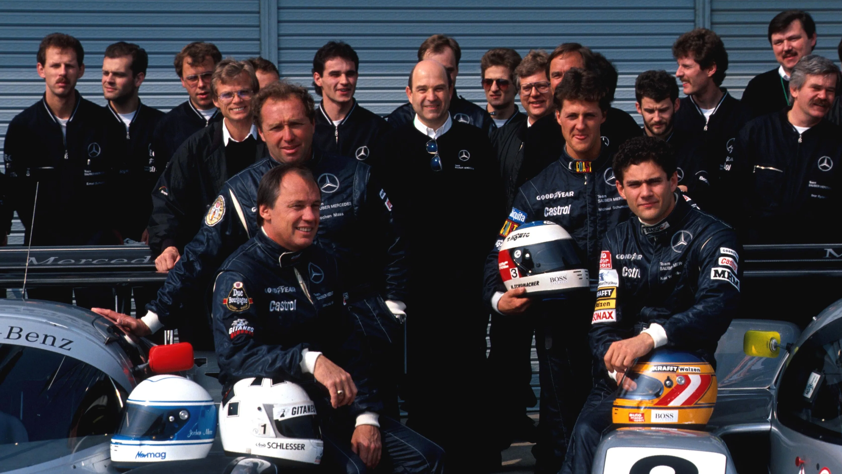 A Mercedes-Benz team portrait for the beginning of a new season including: Jean-Louis Schlesser