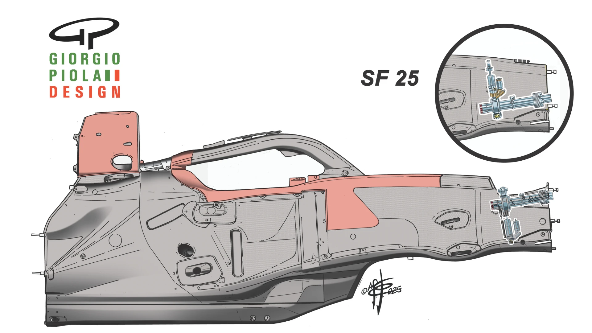 Ferrari appear to have extended the gap between the front axle and the cockpit, giving a longer wheelbase on the SF-25