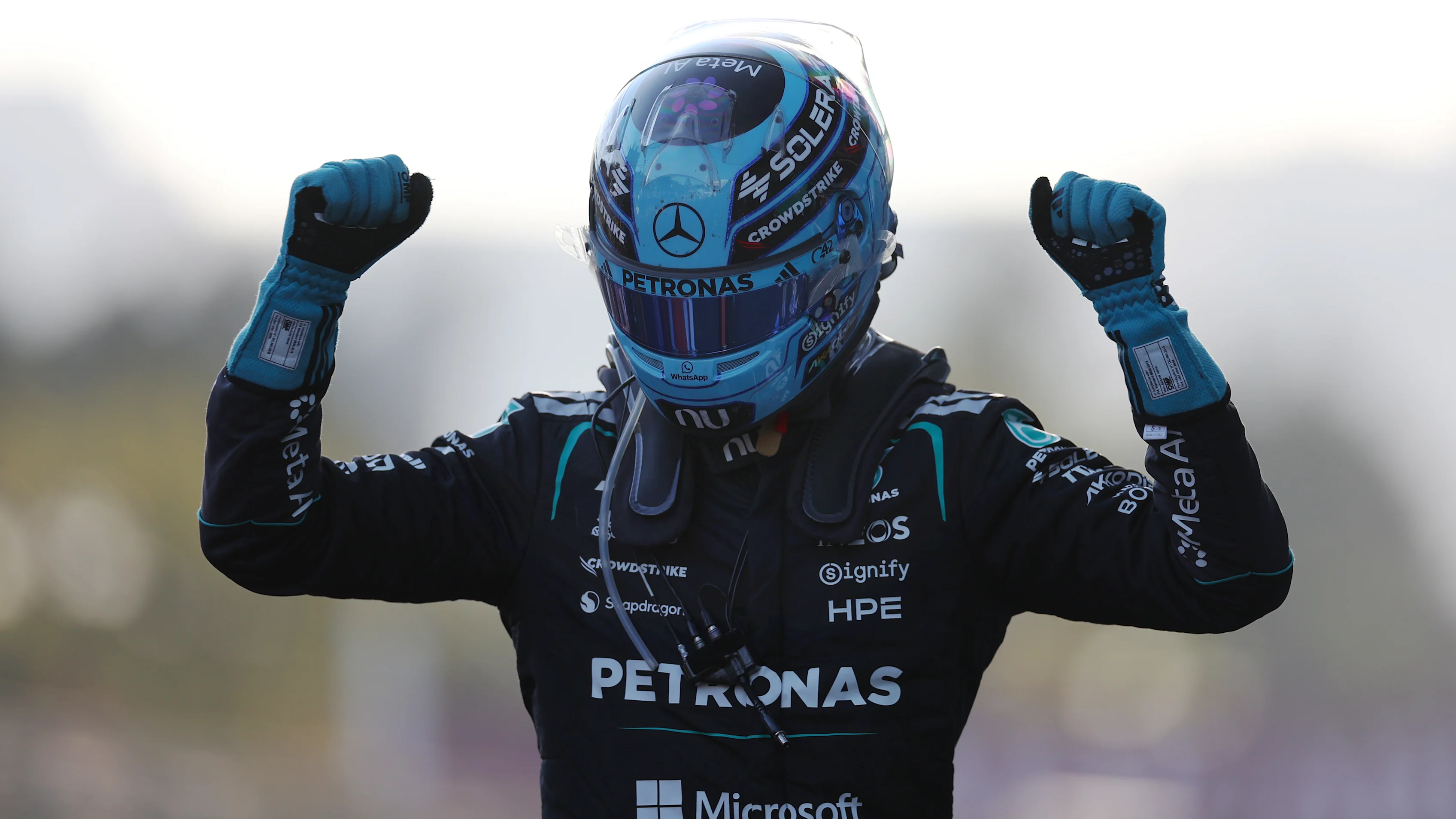 BAKU, AZERBAIJAN - SEPTEMBER 26: Race winner George Russell of Great Britain and Mercedes AMG