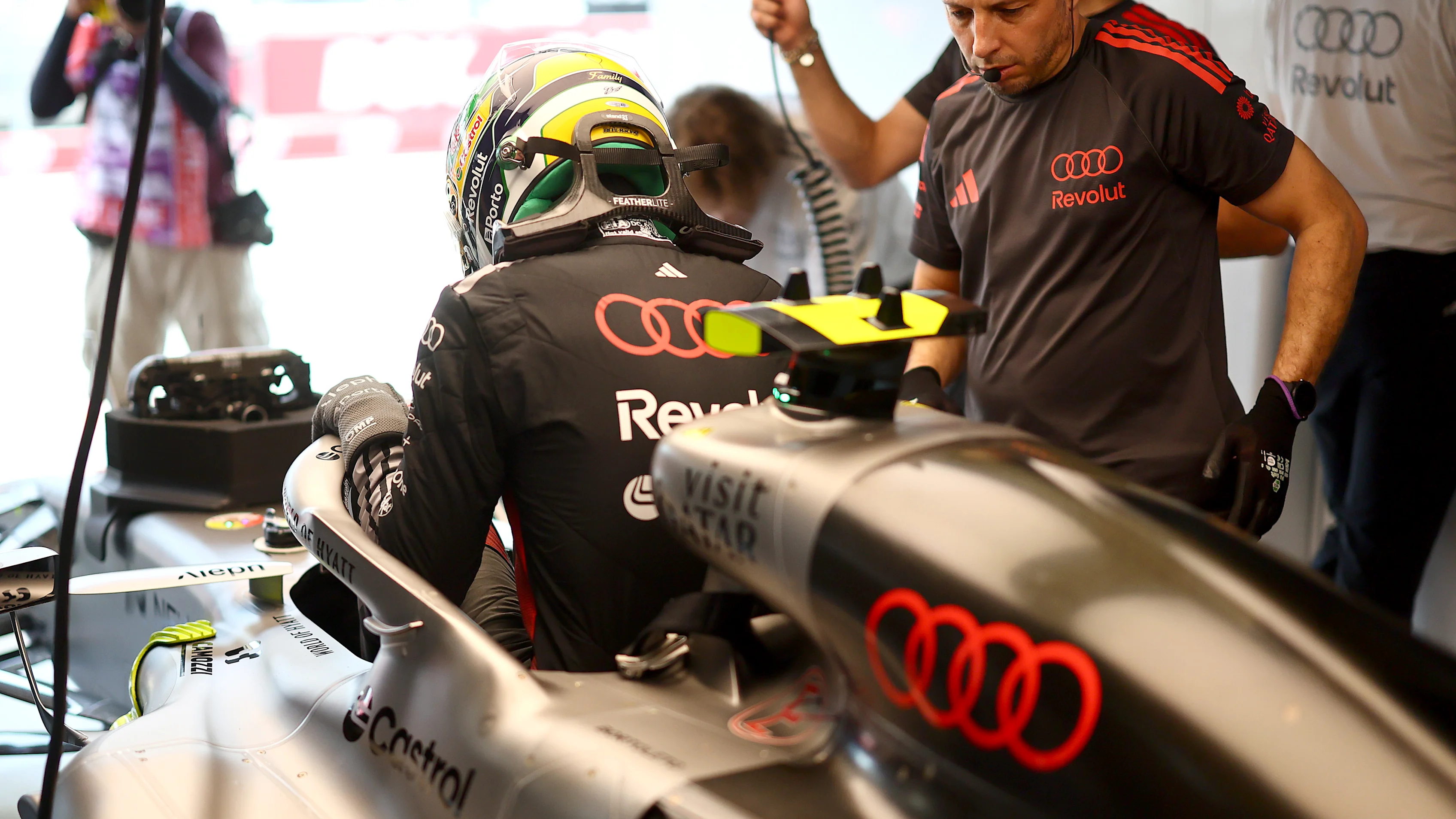 KUALA LUMPUR, MALAYSIA - OCTOBER 02: Gabriel Bortoleto of Brazil and Audi F1 Team prepares to drive