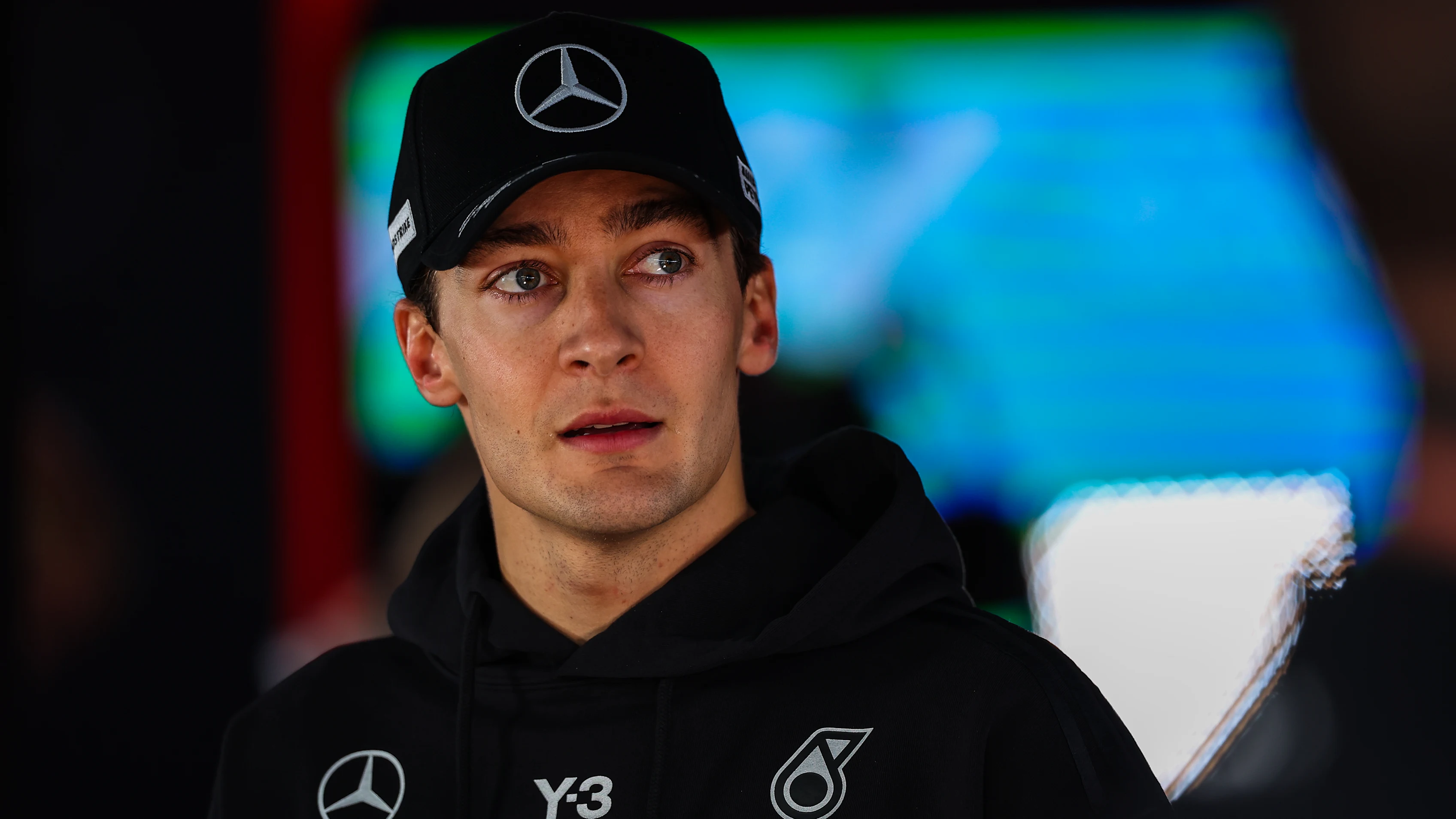 SUZUKA, JAPAN - MARCH 29: George Russell of Great Britain and Mercedes AMG Petronas looks on in the